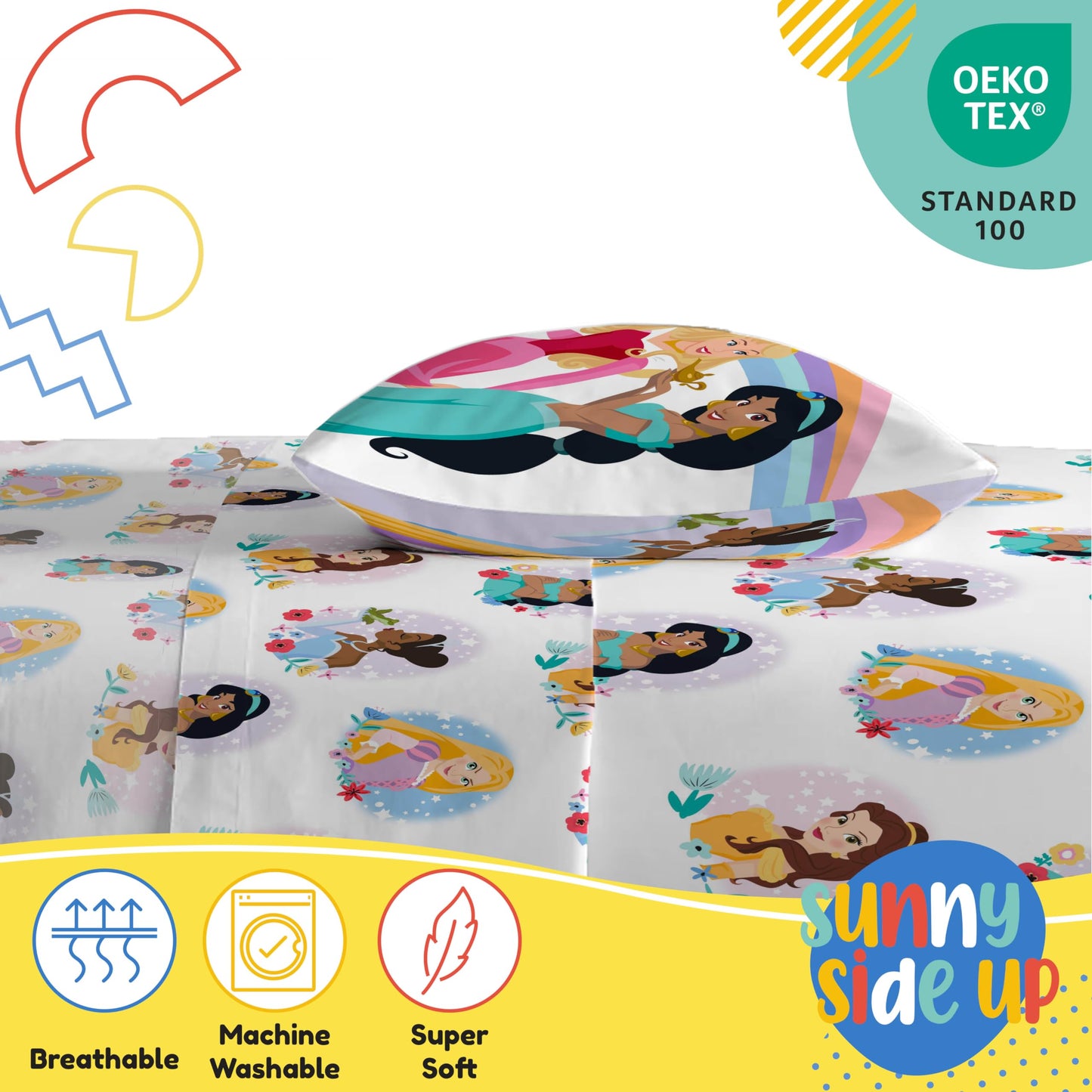 Sunny Side Up Disney Princess Twin Sheet Set - 3 Piece Kids Bedding Set Includes Pillow Cover – Super Soft Rainbow Microfiber Sheets Features Moana, Belle & Rapunzel