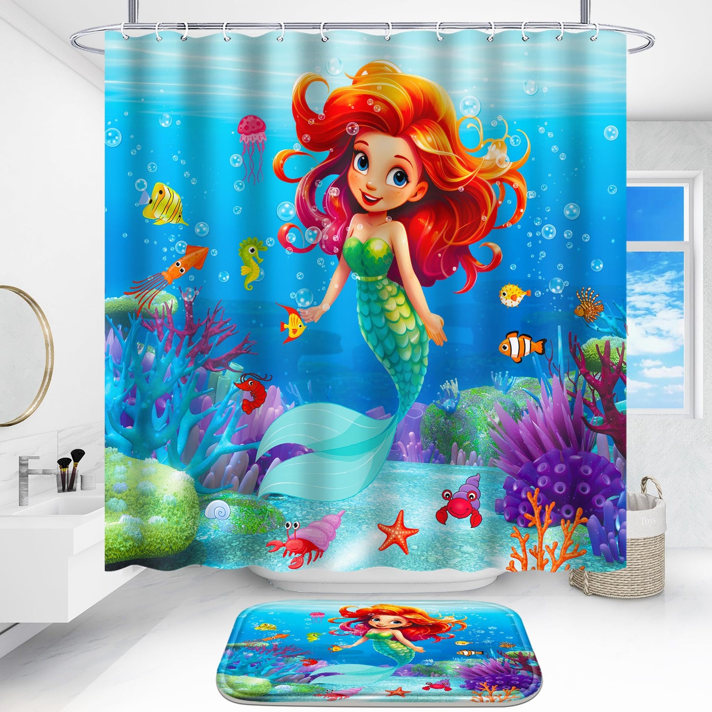 Poedist 4 Pcs Bathroom Shower Curtain Set,Kid's Bathroom Set,Kid's Shower Curtain Sets with Rugs(Bath Mat,U Shape and Toilet Lid Cover Mat) and 12 Hooks