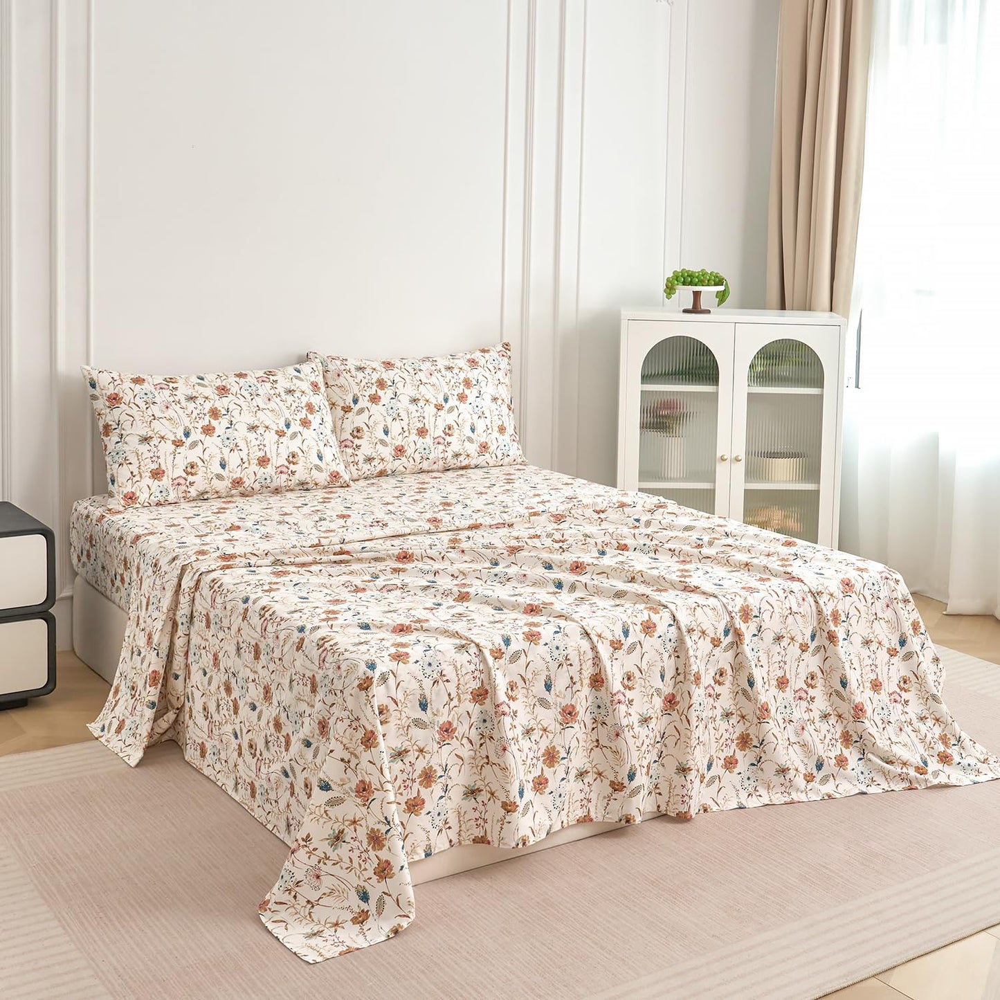 Zusbest Queen Sheets Set 100% Percale Cotton - Boho Floral Botanical Printed Bedding with Deep Pocket 17.5'', Vintage Burnt Orange & Teal Design, 4-Piece Soft Breathable Sheets