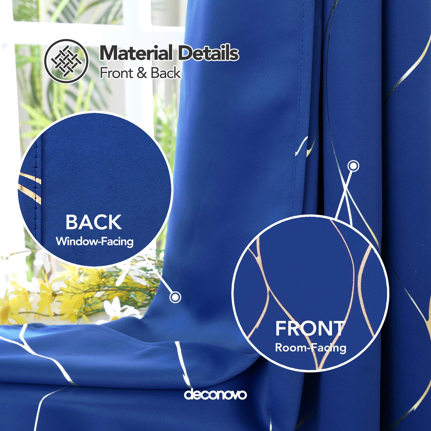 Deconovo Royal Blue Blackout Curtains 2 Panel Set for Bedroom, Thermal Insulated Grommet Room Darkening Window Drapes for Living Room, Gold Line Foil Print, 52W x 45L Inch