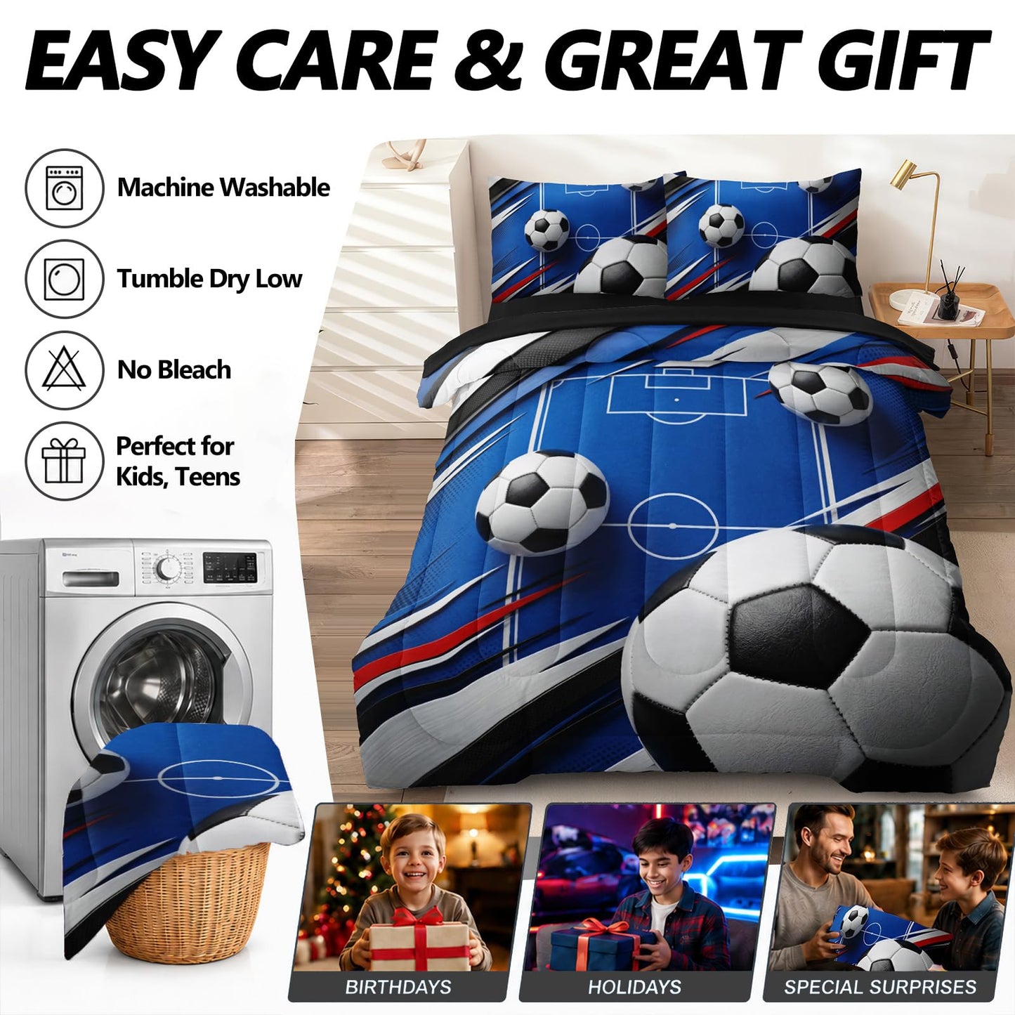 HICAND 5 Pcs Soccer Full Bedding Set for Boys Teens, Full Size Sports Blue Soccer Field Boys Comforter Set with Sheets