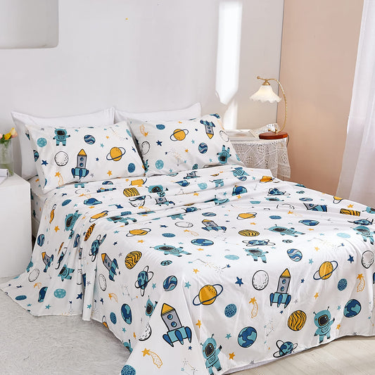 JSD Blue Astronaut Kids Sheet Set Twin Size, 3 Piece Space Rocket Printed Microfiber Bed Sheets Deep Pocket