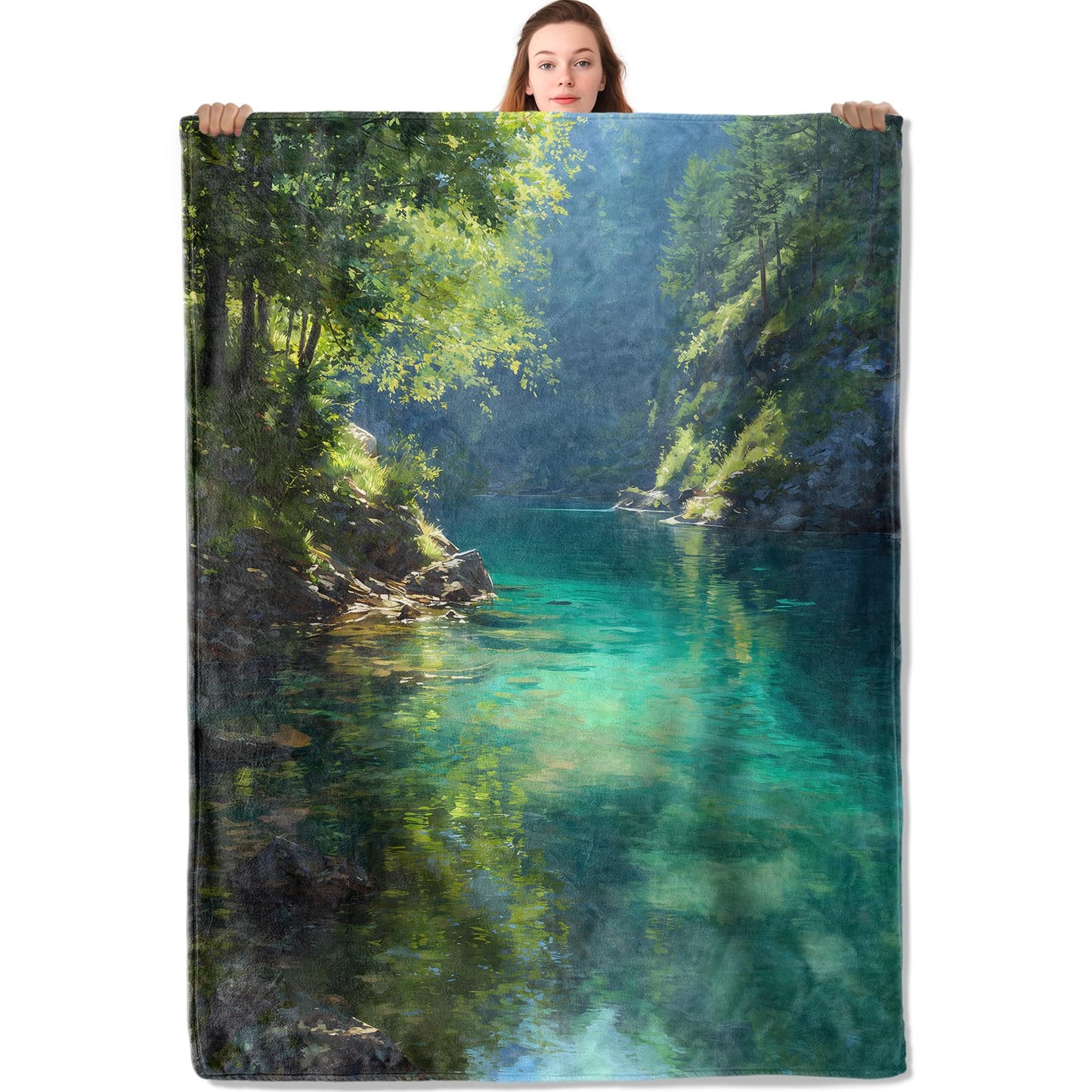 YCUFN Forest River Flannel Blanket 50"x60" Tranquil Mountain Lake Landscape Lightweight Throw Blankets Birthday for Nature Lovers Office Bedroom Sofa Travel Home Decorate