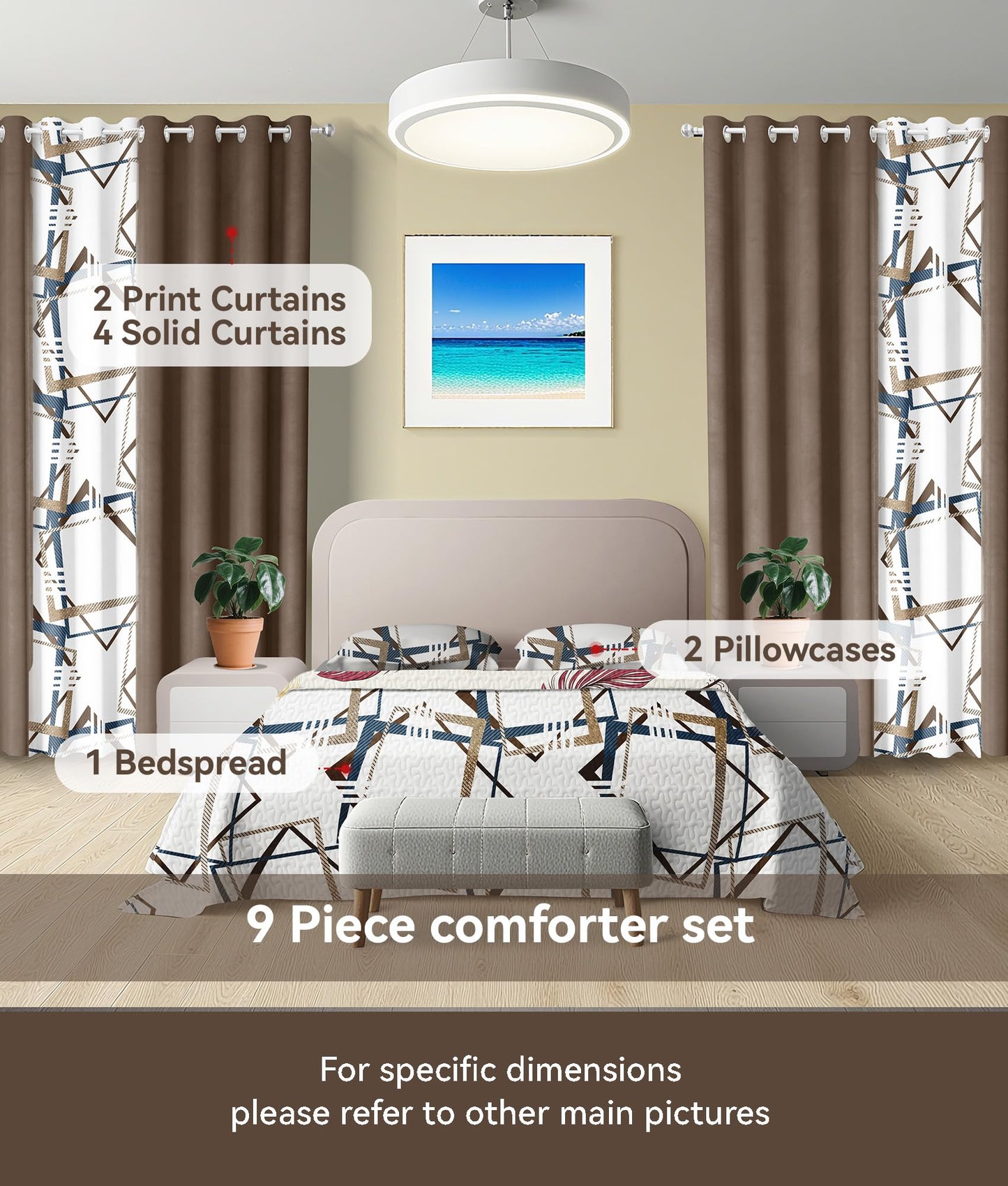 Classic 9-Piece Geometric Print Queen Light Comforter Set with Matching Curtains, Creamy White Bedspread Set Ultra-Soft & Machine Washable Refined Update To Bedroom Decor, Ideal of All-Season Gift