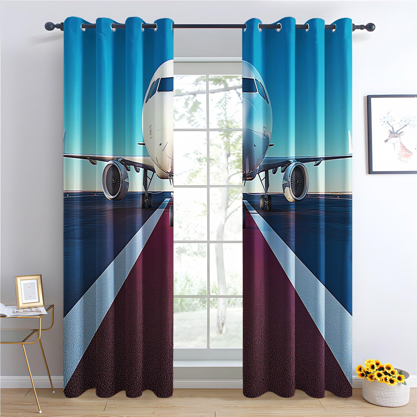 Phtbz Airplane Curtains 45 Inch Length 2 Panels Set, Jet Aircraft Patterned Blackout Curtains for Bedroom, Living Room Decor, Room Darkening Thermal Insulated Grommet Drapes