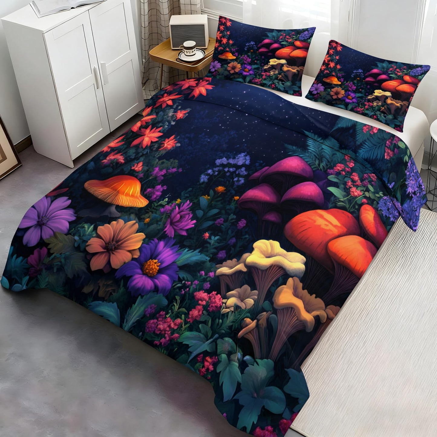 GKPLY Mushrooms Duvet Cover Cal King, Magical Forest Bedding Sets, Starry Floral Comforter Set, Zipper & Ties, Garden Duvet Cover & 2 Pillow Cases, Reversible Print