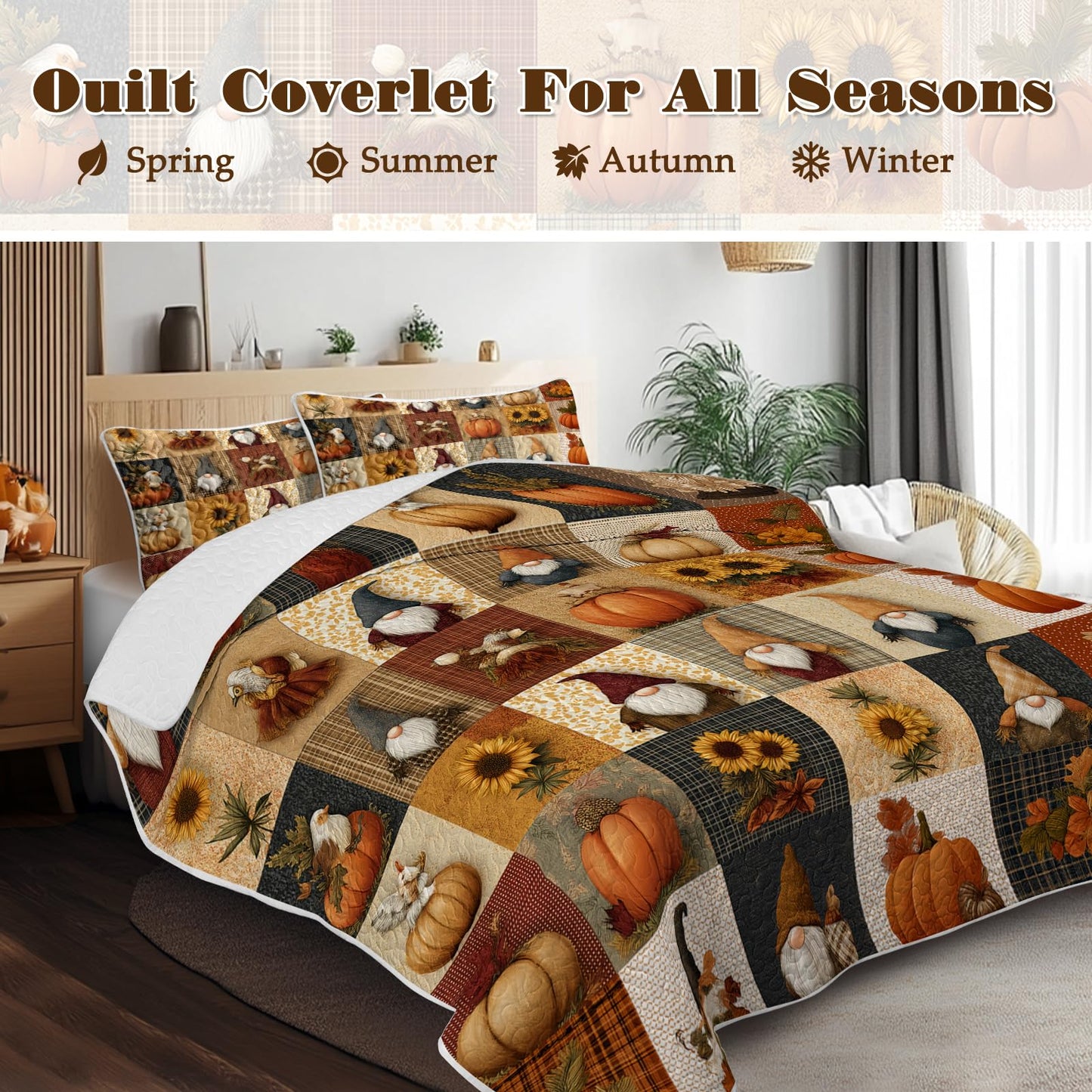 BlessLiving Fall Quilt Set King Size: Soft Microfiber Lightweight Elf Square Pattern Bedspread Coverlet for All Season, 3 Piece Autumn Comforter Set for Thanksgiving Bedroom Living Room