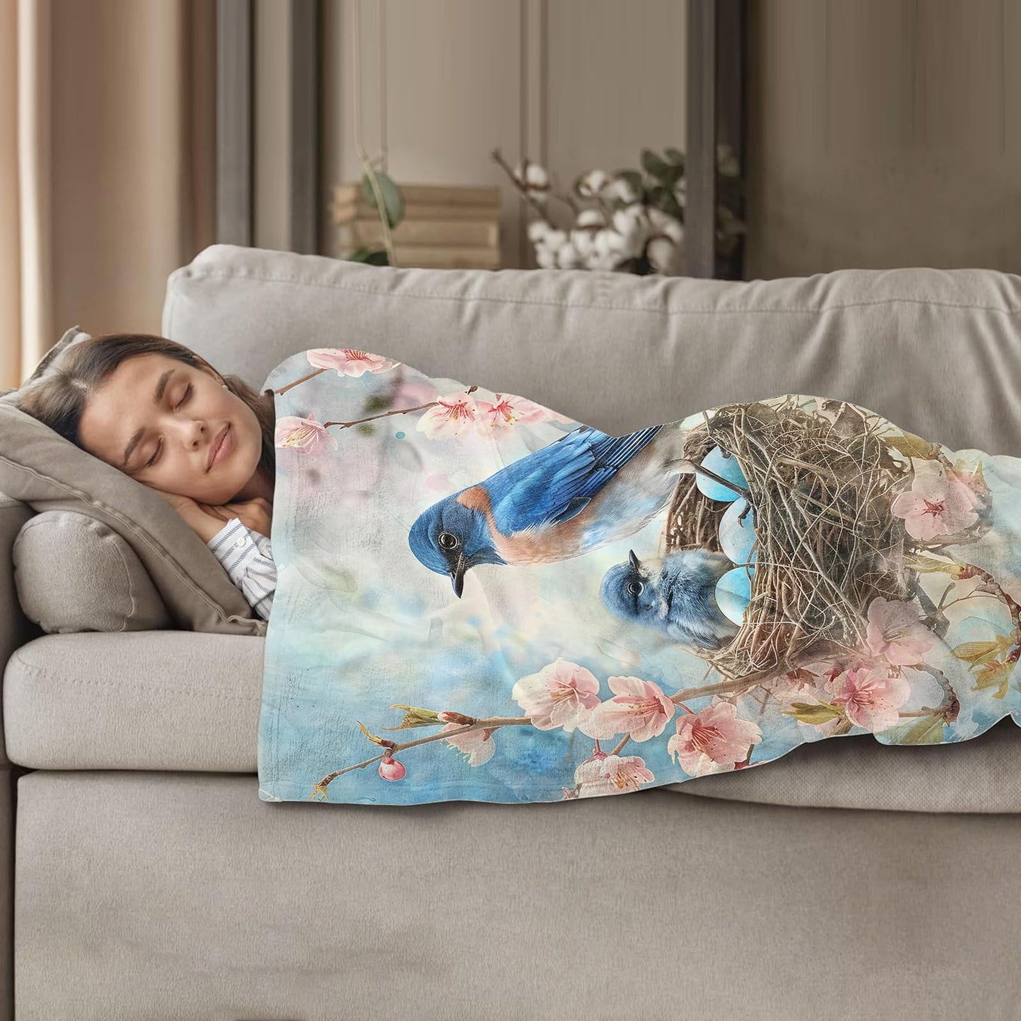 Plistiz Bluebird Nest Throw Blanket for Women Girls Boys, Soft Flannel Blankets Gifts for Living Room Couch, Home, Sofa Decor, 50"x60"