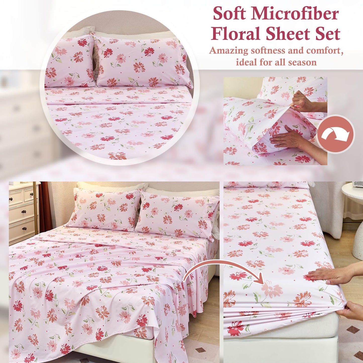 MICORAL Boho Floral Queen Sheet Set, 4-Piece Printed Botanical Bed Sheets, 16" Deep Pocket, Ultra Soft & Cooling Sheet, Oeko-TEX Certified, Pink Floral