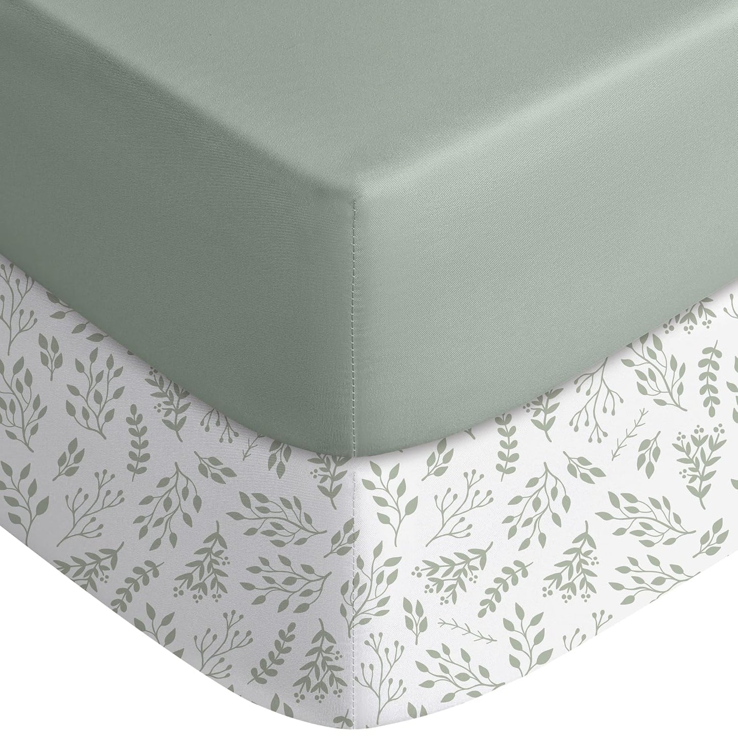 Yoofoss Pack and Play Sheets Fitted, Mini Crib Sheets 2-Pack for Pack N Play Mattress, Stretchy Playard Sheet, Soft and Breathable Green + Leaf