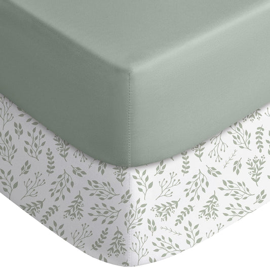 Yoofoss Pack and Play Sheets Fitted, Mini Crib Sheets 2-Pack for Pack N Play Mattress, Stretchy Playard Sheet, Soft and Breathable Green + Leaf