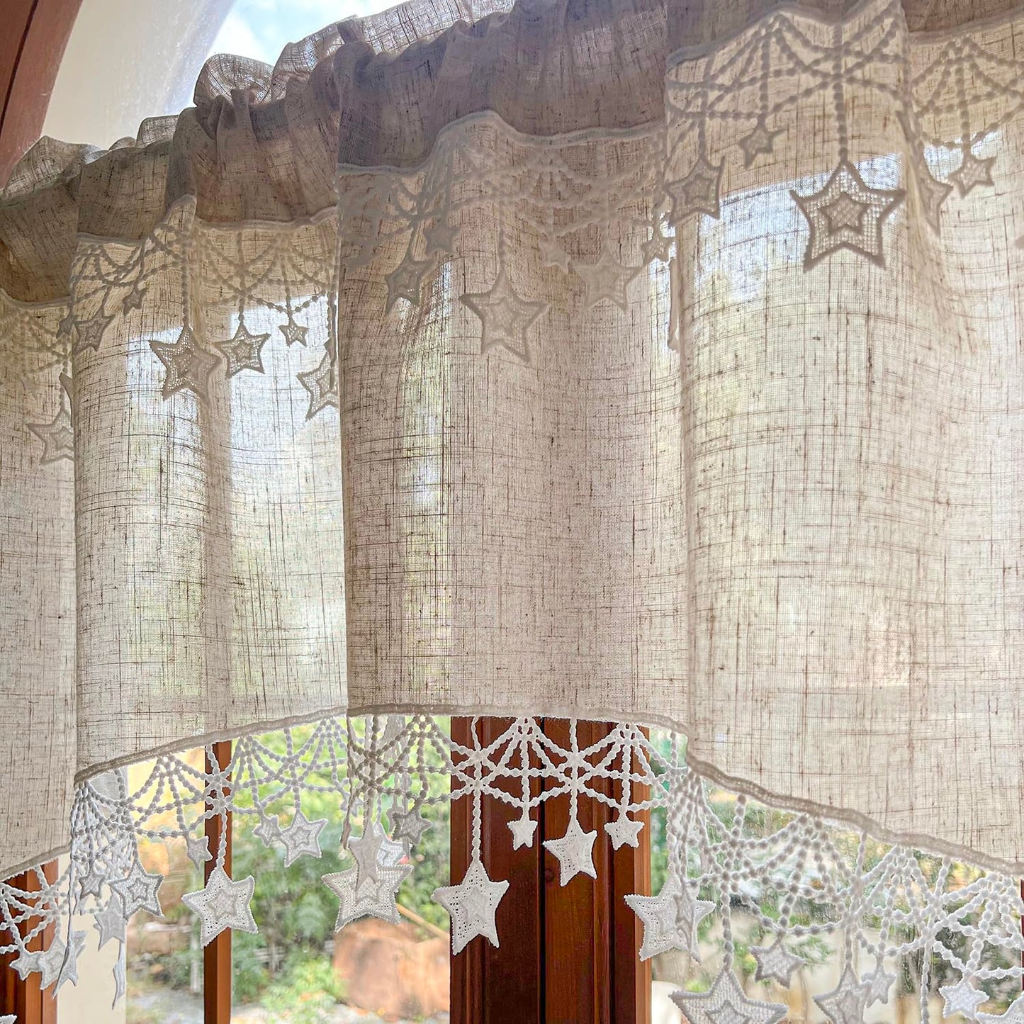 Boho Style Arched Linen Cafe Curtain Valance with Stars Trim Elegant Linen Swag Doorway Curtain Tier for Kitchen Bathroom Bedroom Rod Pocket Top 1 Panel (W39 x L25.5 inch,Beige)