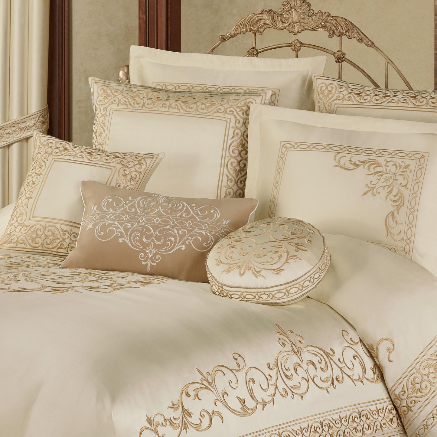 Versailles Luxury Bedding | Classic Pearl | Palace-Inspired French Style Golden Scrollwork Embroidery | 10 Pc Set: King Bedspread, 2 King Shams, 2 Euro Shams, 2 Euro Pillow Inserts & 3 Pillows