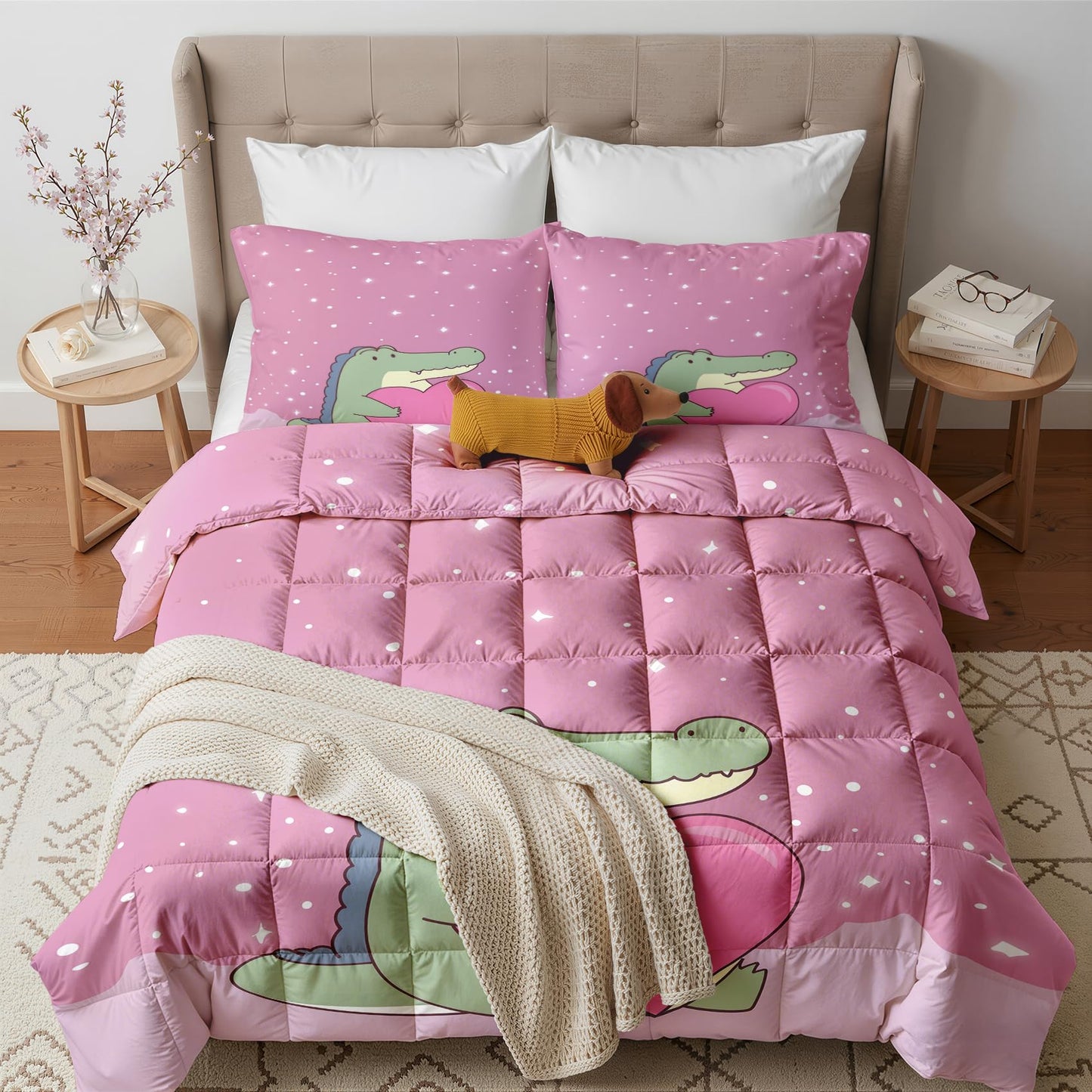 Alligator Comforter Set Twin Size 2 Pcs - All Season Comforter & Pillowcase, Crocodile Bedding Set, Soft Lightweight Down Alternative Duvet Insert, Girls Pink Valentines Day Bedroom Decor