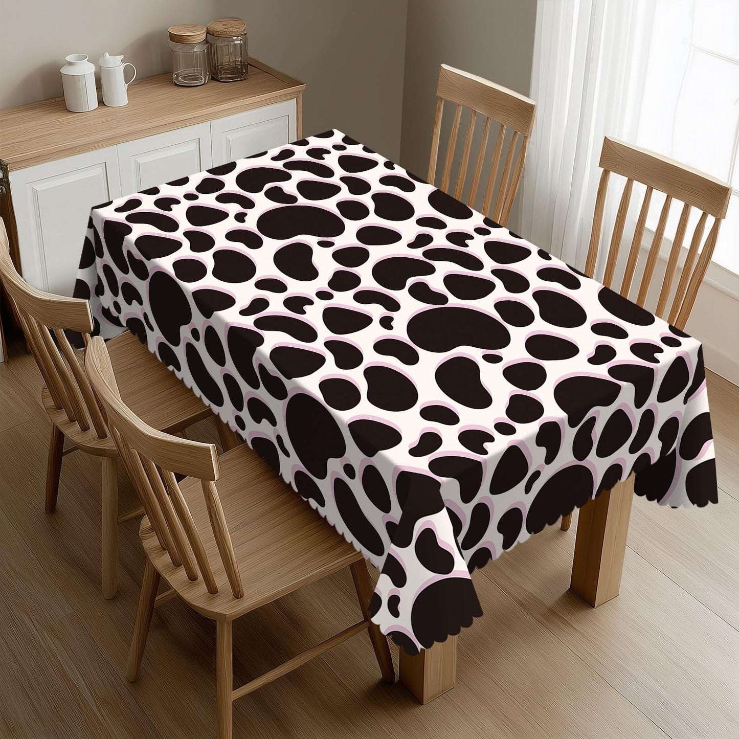 DRAVVIX Animal Skin Texture Rectangular Tablecloth Black Cow Print Table Cloth with Wavy Lace Decoration Polyester Table Cover for Dining, Parties 54x72 inch