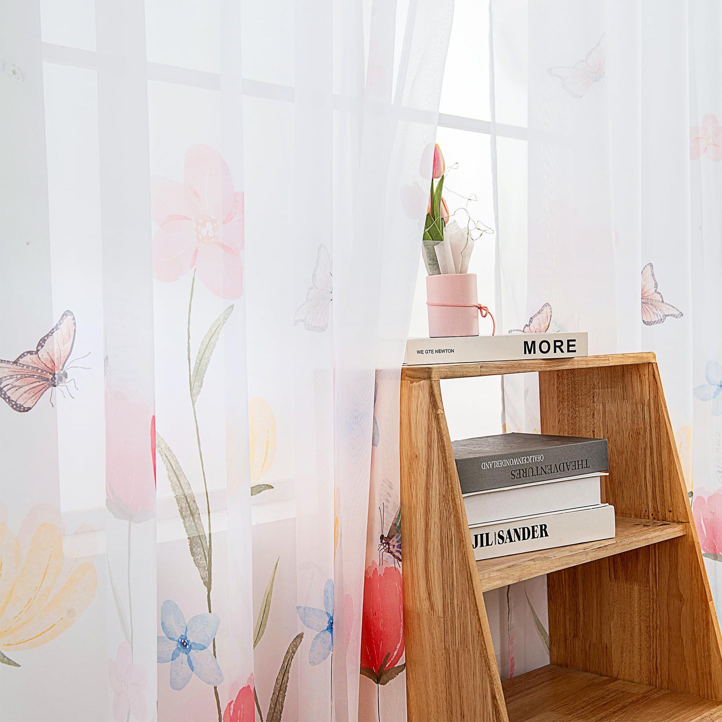 youleyar Floral Sheer Curtains for Living Room 63 Inches Long 2 Panels White Semi-Sheer Curtain with Flower/Butterfly Printed Pattern Summer/Spring Rod Pocket Voile Drapes for Bedroom, W52 x L63