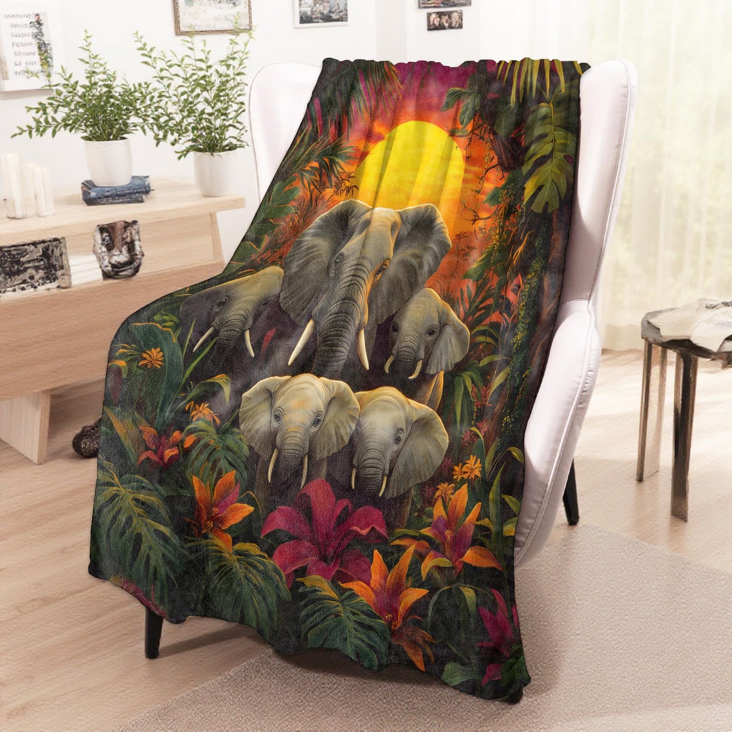 wyxdwh Jungle Elephant Blanket, Cozy Flannel Tropical Sunset Nature Scene Throw Blanket for Couch Outdoor, Plush Soft Lightweight Travel Blankets for Bed Decor and Gifts, for Women Adults Kids 50"x60"