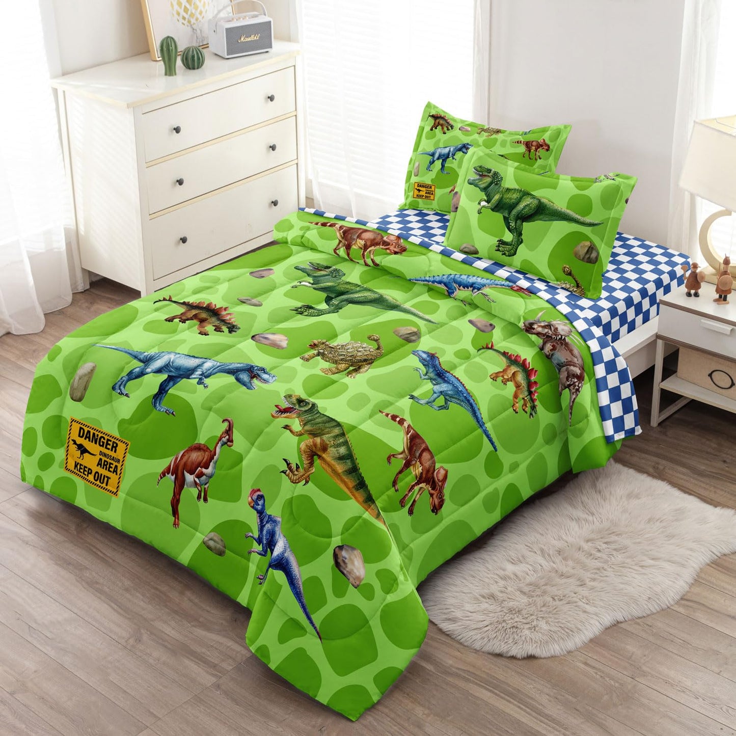 Leaflin Kids Dino Bedding Comforter Set Twin Size, 5 Pieces Bed in a Bag
