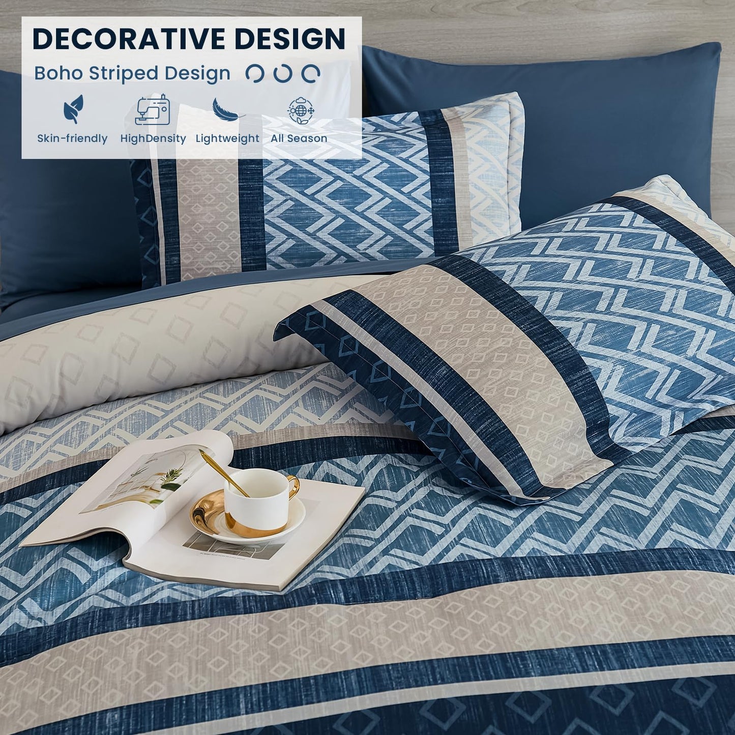 Cottolester Queen Comforter Set 7 Pieces Blue Boho Striped Bed in a Bag,Soft Microfiber Complete Bedding Sets