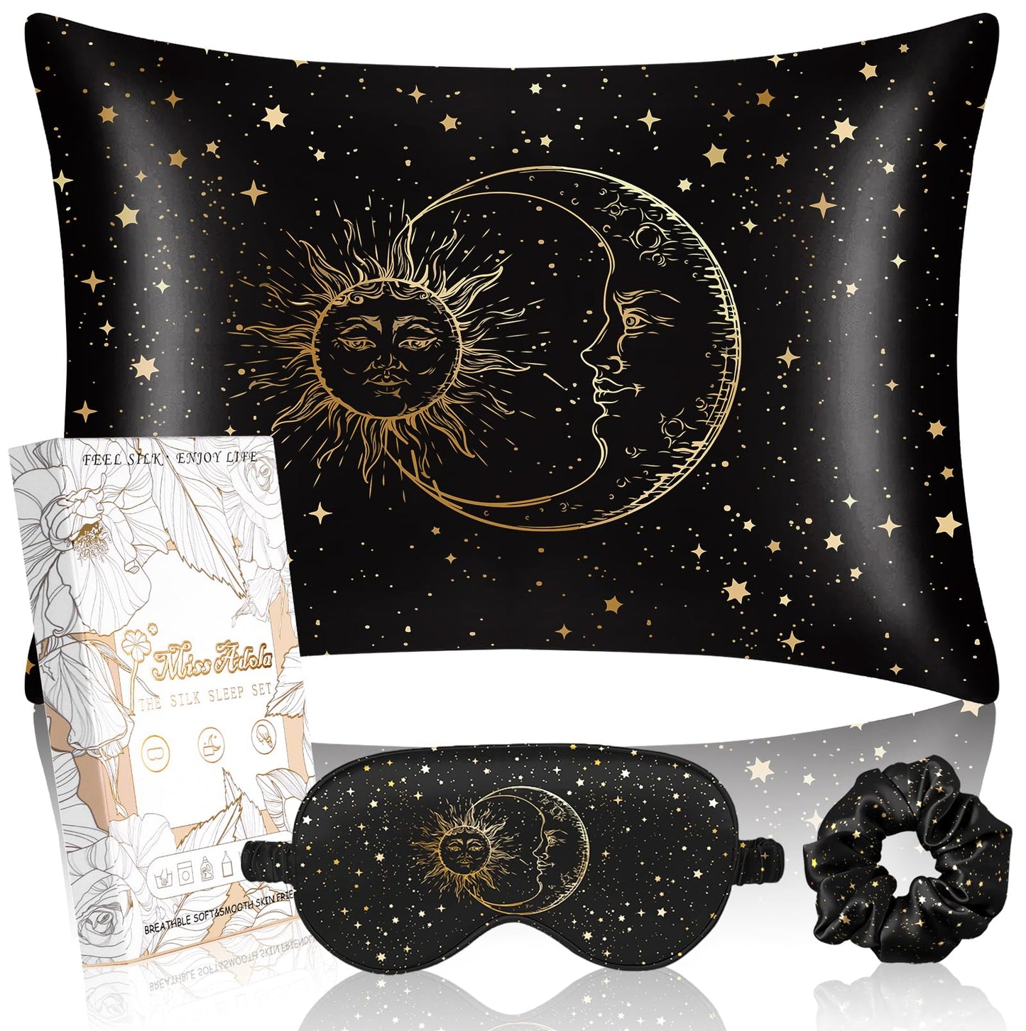 Miss Adola Mulberry Silk Pillowcase Set - 1 Pc Silk Pillowcase with Eye Mask & Scrunchie, Soft Standard 20"x26" Pillow Case for Hair and Skin, Sleeping Gift for Women, Black Sun Moon