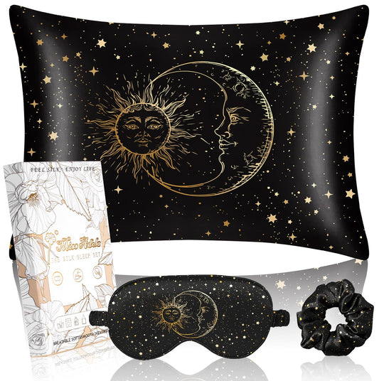 Miss Adola Mulberry Silk Pillowcase Set - 1 Pc Silk Pillowcase with Eye Mask & Scrunchie, Soft Standard 20"x26" Pillow Case for Hair and Skin, Sleeping Gift for Women, Black Sun Moon