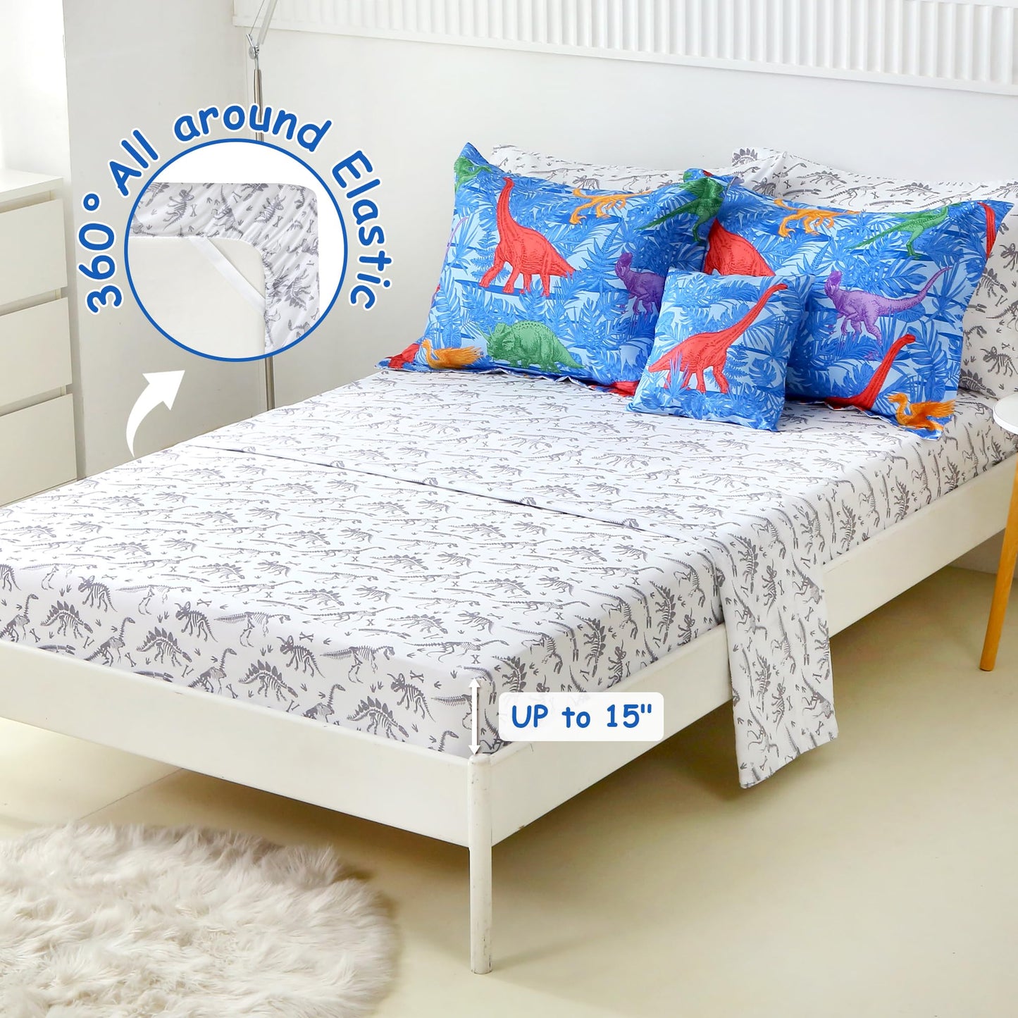 Mooreeke Kids Twin Comforter Sets for Boys 6 Pieces Blue Bedding Set for Teens Microfiber Dinosaur Kids Bed in A Bag with Comforter, Sheet Set, Shams and Decorative Toy Pillow All Season