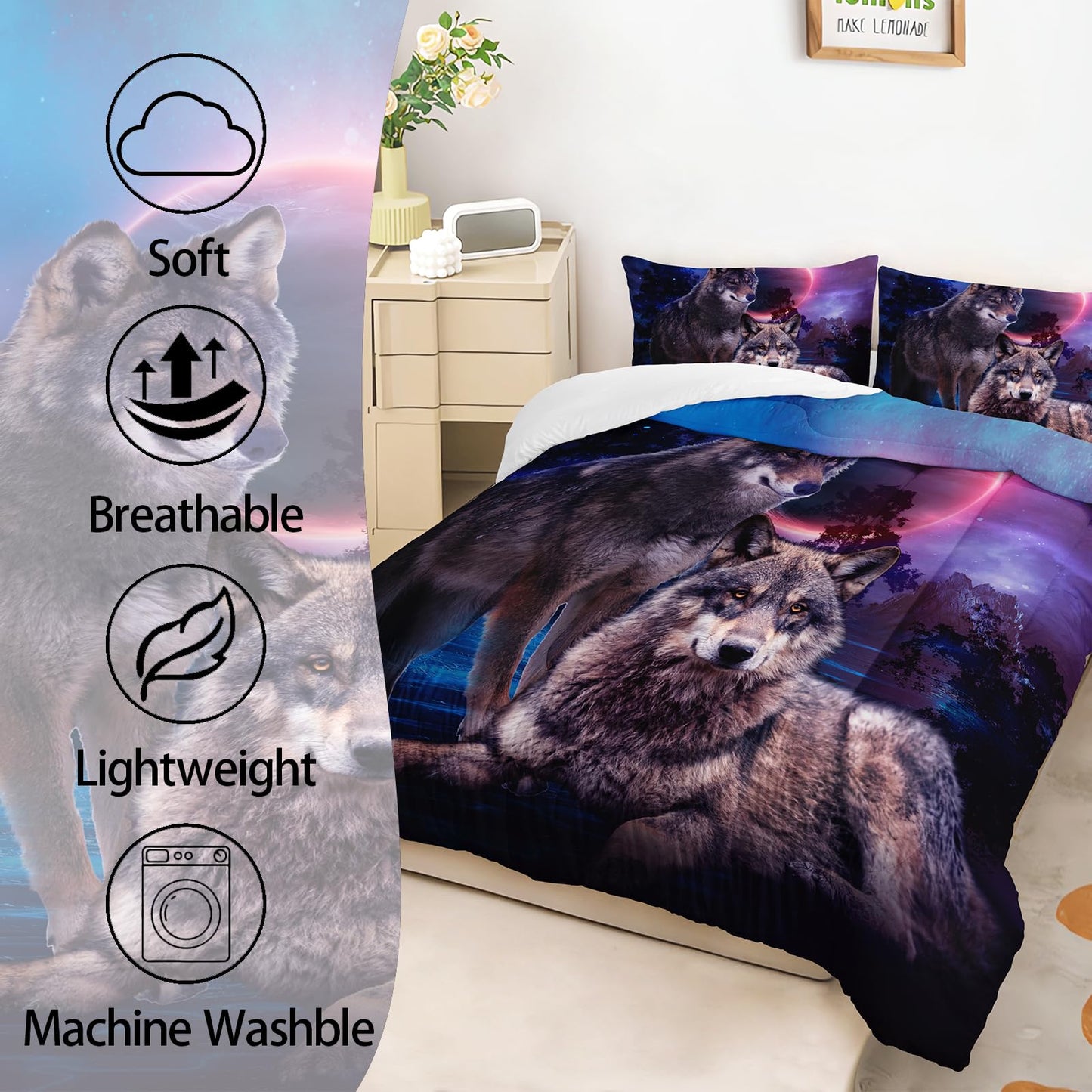 AILONEN Wolf Comforter Set Queen Size, Red Moon Outdoor Wolves Couples Bedding Set for Boys Girls,Woodland Forest Wild Wolves Duvet Set 3 Pieces, 1 Quilt and 2 Pillowcases