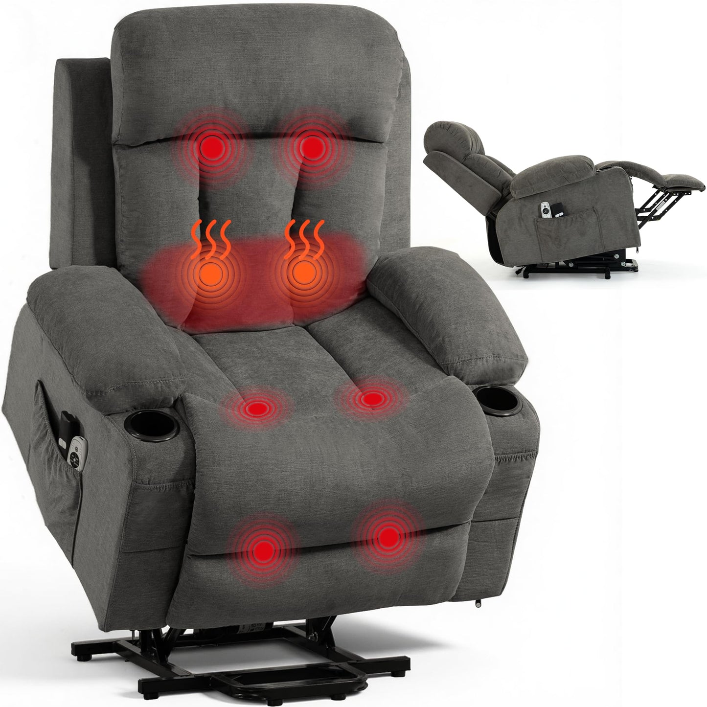 WENTUM Lift Chair for Elderly with 8 Vibration Points Massage and Heat, Power Electric Recliner Featuring Cup Holders Side Pockets & USB Charge Port for Living Room, Grey