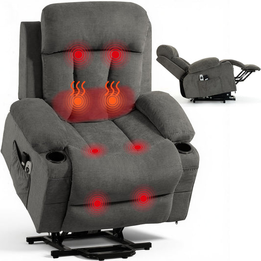 WENTUM Lift Chair for Elderly with 8 Vibration Points Massage and Heat, Power Electric Recliner Featuring Cup Holders Side Pockets & USB Charge Port for Living Room, Grey