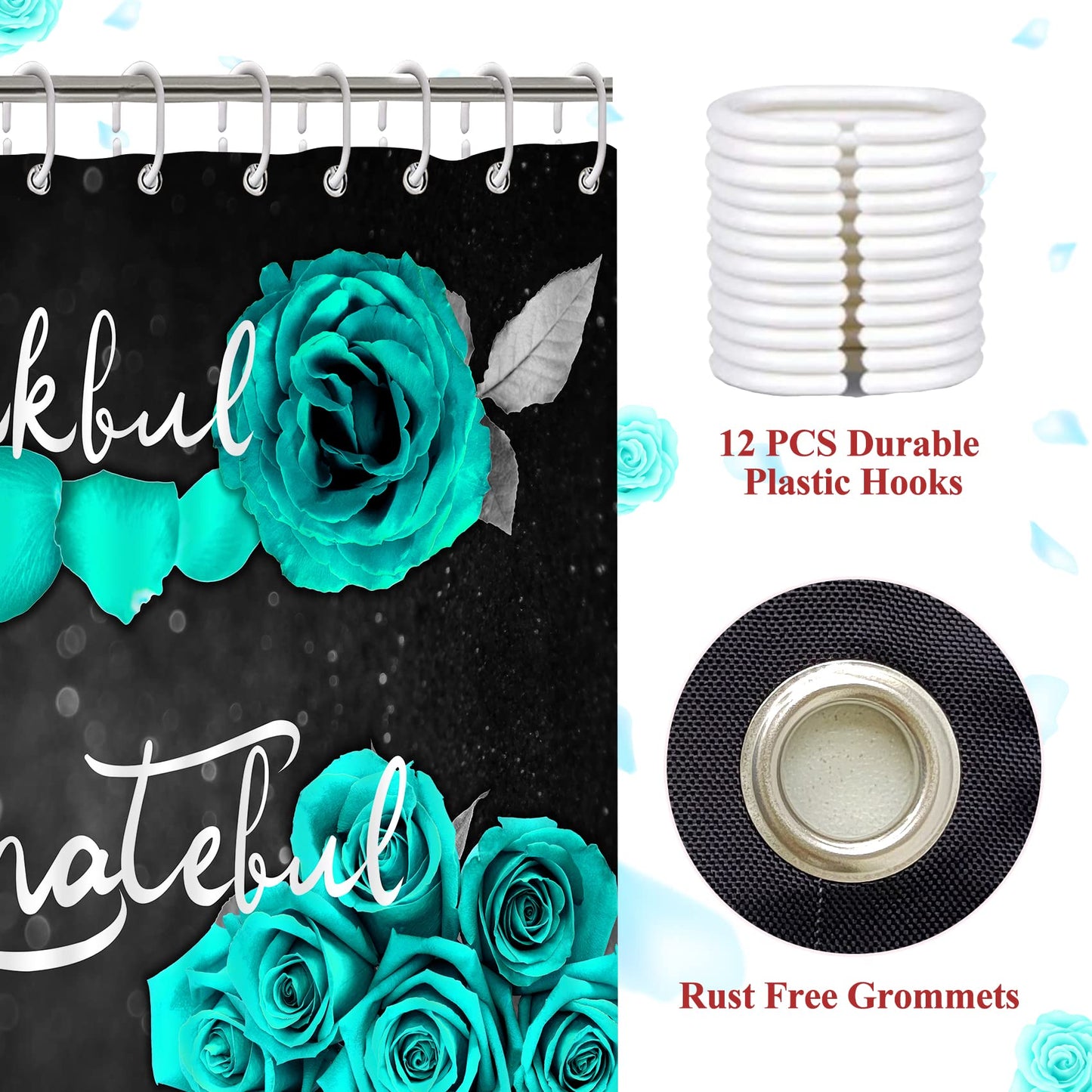 4Pcs Teal Rose Shower Curtain Set, Thankful Grateful Blessed Turquoise Bathtub Curtain with Non-Slip Rug, Toilet Lid Cover, Bath Mat and 12 Hooks, Romantic Green Floral Bathroom Decor, 72 x 72 inch