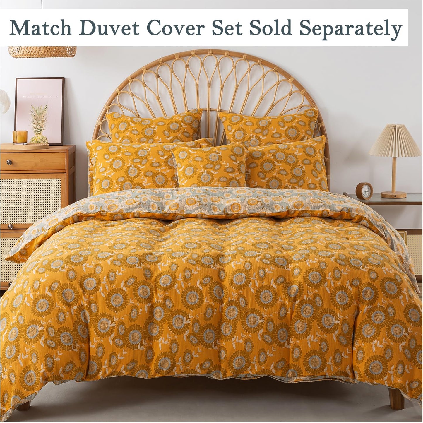 FADFAY Double Gauze 100% Cotton Queen Sheets Set Floral Bed Sheets Deep Pocket Fitted Sheet, Luxury Sunflower Pattern Shabby Vintage Countryside Style Bedding 4Pcs