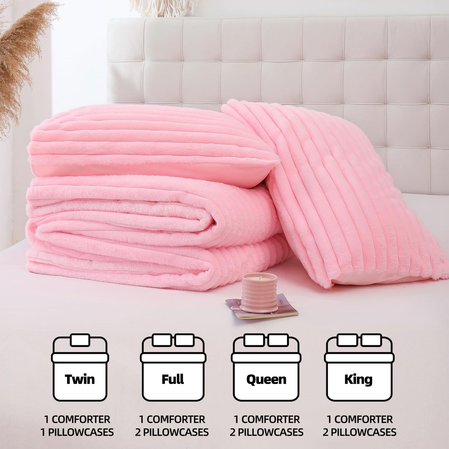 Smoofy Fluffy King Size Comforter Set 3 Pieces - Pink Fleece Fluffy Comforter Set, Luxury Fuzzy King Bedding Set, Soft King Bed Set All Season, Heavy Faux Fur Comforter with 2 Pillow Cases
