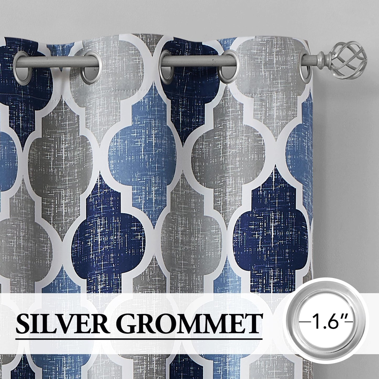 Beauoop 100% Blackout Curtains 84 Inches Long 2 Panels for Bedroom Living Room Blue Grey Moroccan Geo Room Darkening Thermal Insulated Soundproof Grommet Top Window Treatments Drapes, 50x84 Set of 2