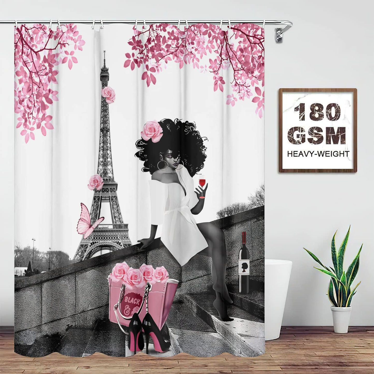 TYAKASHA Shower Curtain African American Woman Afro Lady withn Pink Rose Fashion Black Girl Eiffel Tower 72x72 Inches Waterproof Fabric Polyester with 12 Hooks for Bathroom Decor
