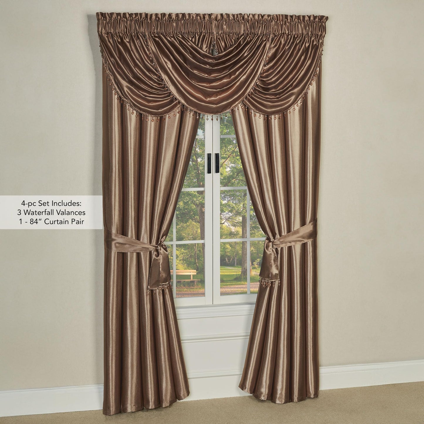 Touch of Class Portia Luxury Window Treatment | Smoky Topaz | Premier Smooth Polyester Satin Elegant 4 Piece Window Drapery Set with 3 Waterfall Valances and 84 Inch Long Curtain Pair