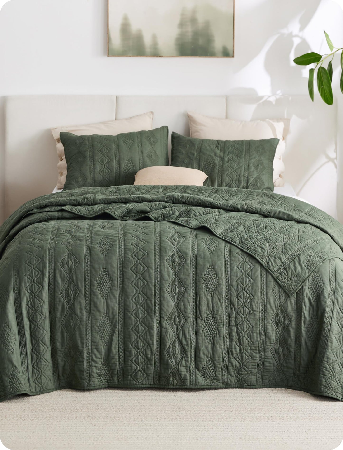Bedsure 100% Cotton Quilt Set - Queen Size Bedspread, Lightweight Soft Bed Coverlet, PureWoven, 3-Piece Cozy Stitching Quilt Set with 2 Pillow Shams in Geometric Pattern, 90x96, Olive Green