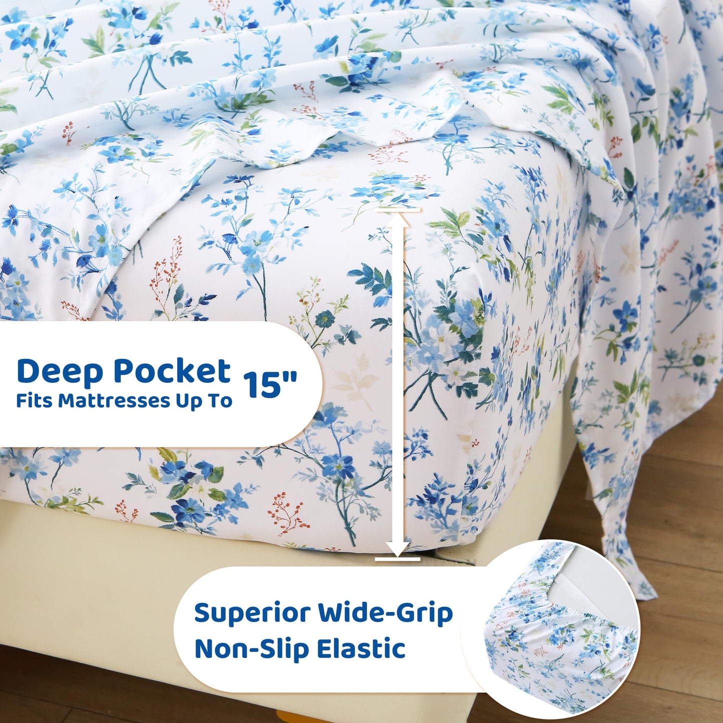Mooreeke Cozy Vintage Microfiber Printed Full Sheet Set - Soft & Breathable Percale Blue Green Floral Bed Sheets with Extra Deep Pocket - Non-Slip Fitted Design - Blue Green Flower Pattern