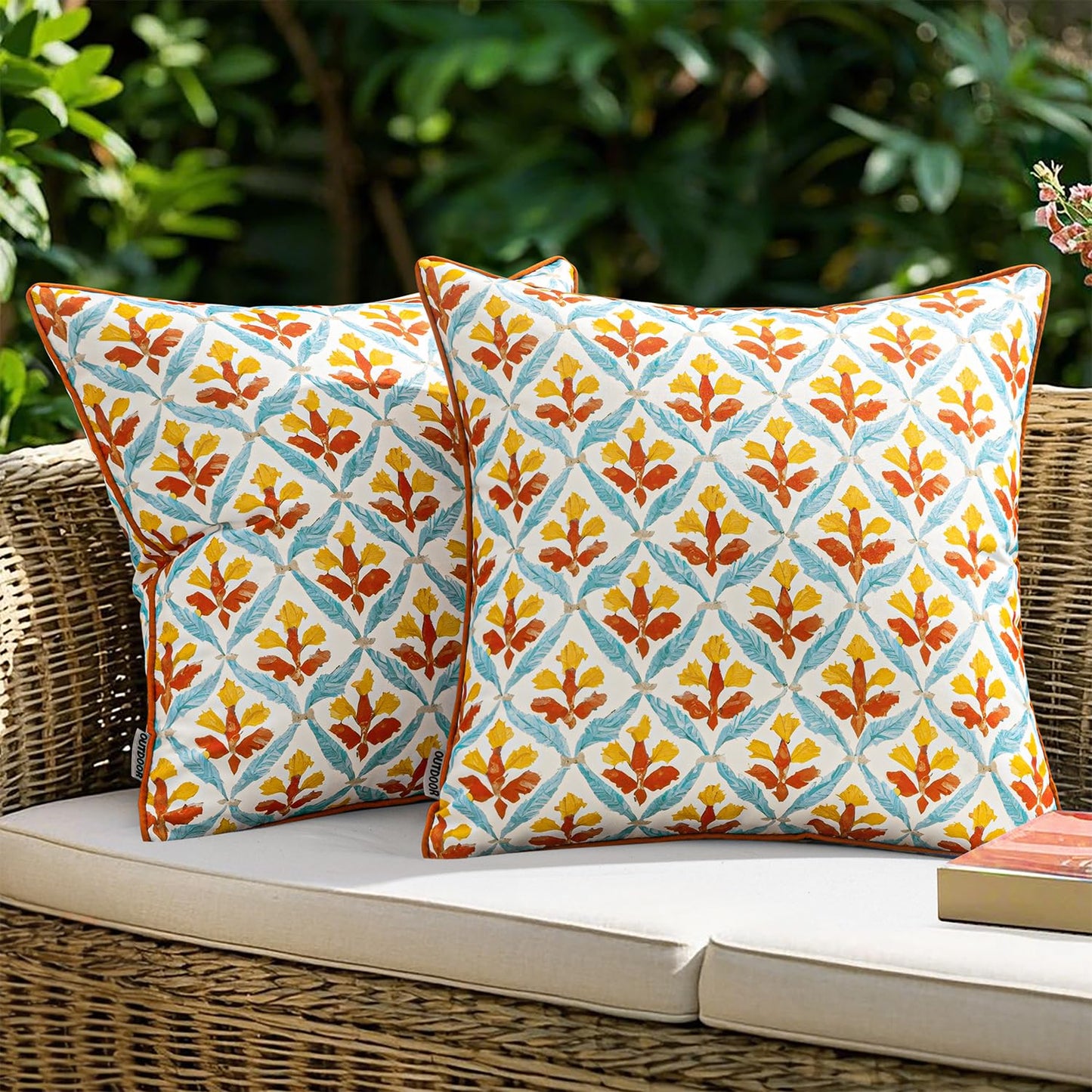 MIULEE Pack of 2 Decorative Outdoor Waterproof Throw Pillow Covers Flower Print Chic Boho Accent Pillow Covers for Square Garden Patio Cushion 18x18 Inch, Orange Teal Red