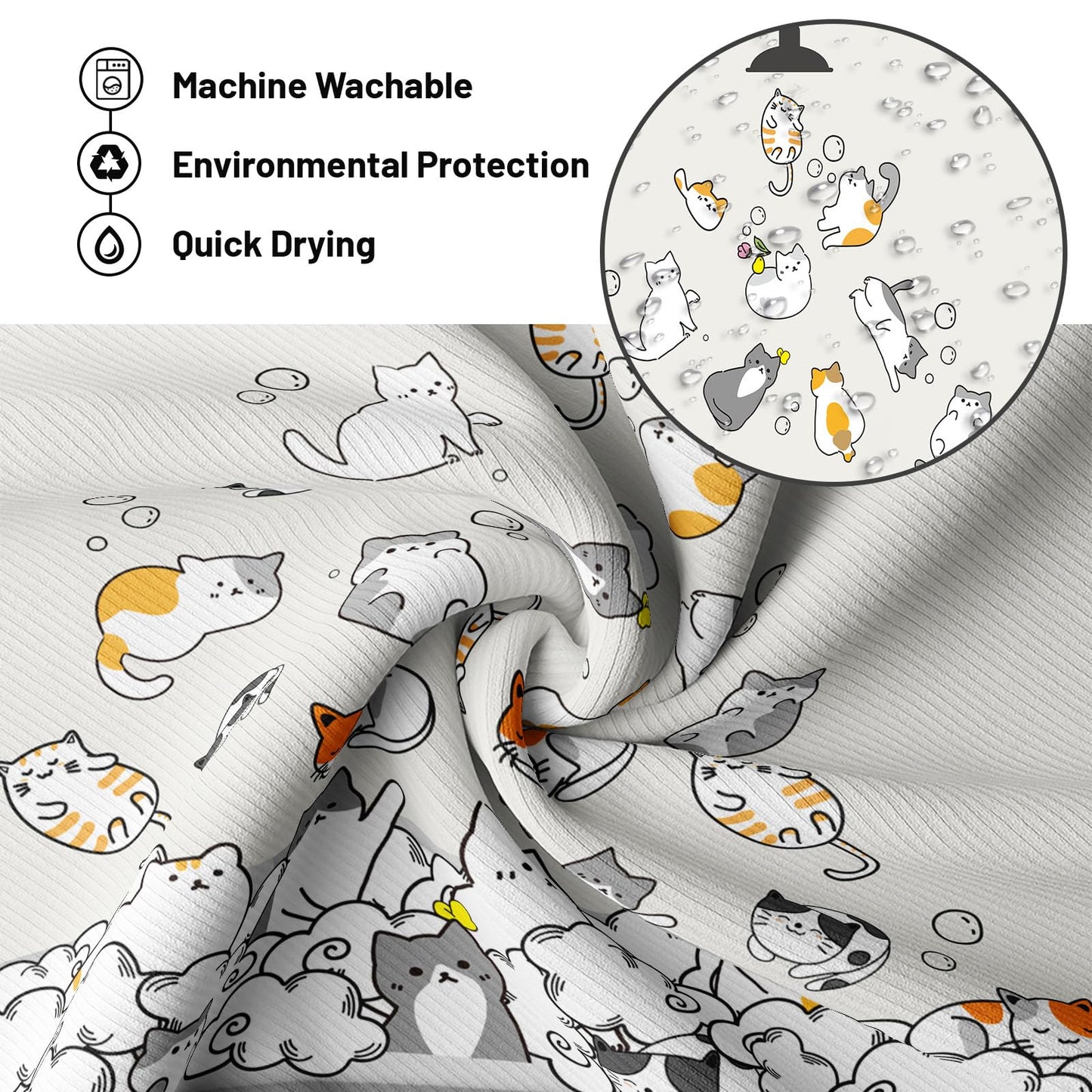 Tonmue Cute Cat Shower Curtain Kids Animal Cartoon Bathroom Decor, Waterproof Cloth Fabric with Hooks 70" W x 84" L