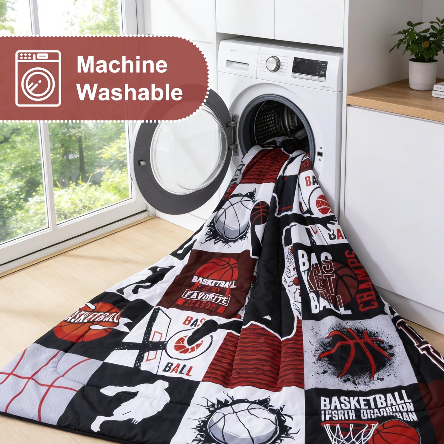 A Nice Night Sports Geometric Grid Baseketabll Patchwork Baskeball Printed for Boys Twin 6Pcs Bed in A Bag Comforter Bedding Set,Red