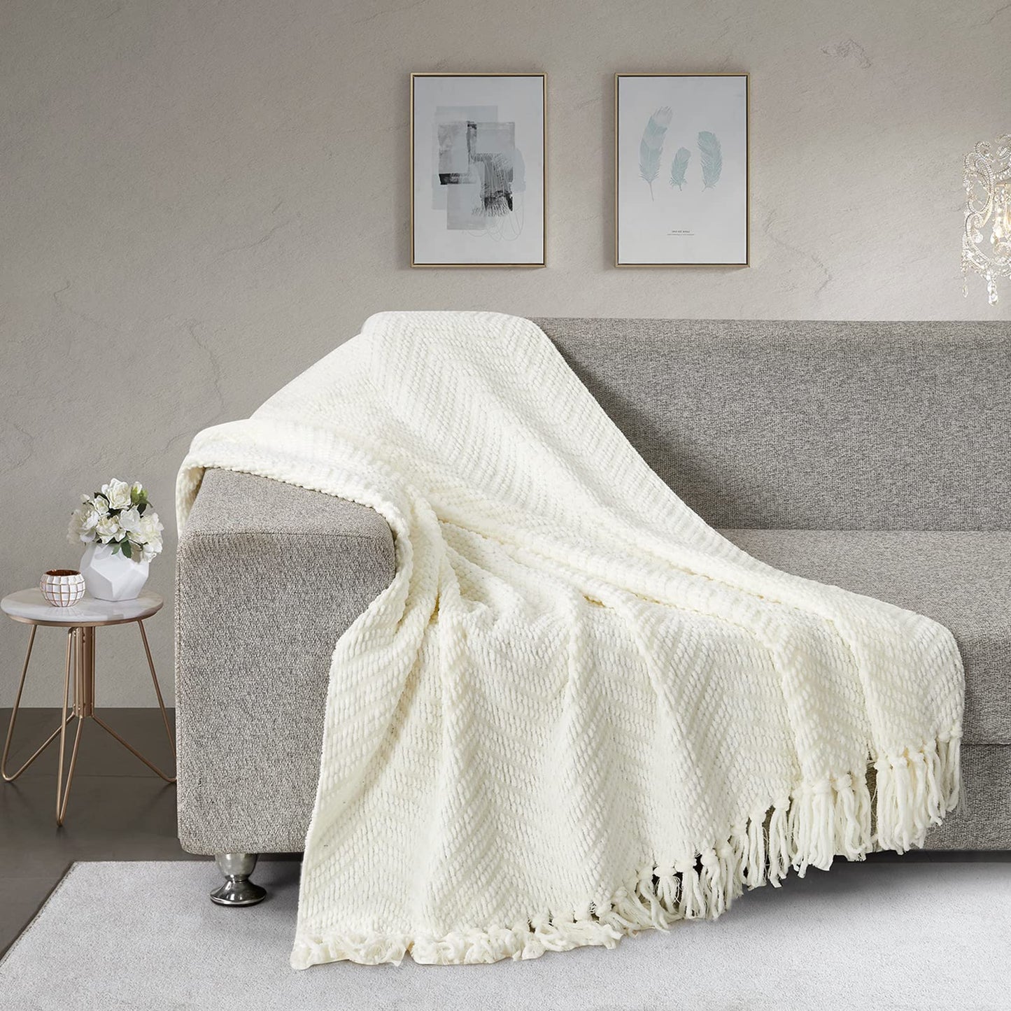 HOMEIDEAS Warm Tassel Knit Blanket Throw Size for Couch Sofa Bed, Cream Thick Knitted Armchair Office Chair Throw Blankets, Winter Chunky Blankets(50x60)