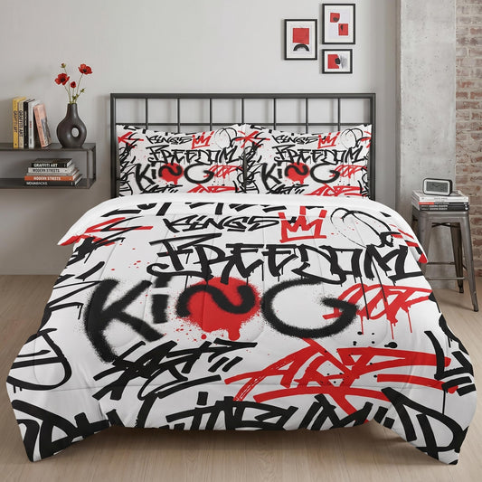 Pamnest Comforter Set Queen Size, City Graffiti Red Black Funny Soft 3 Pcs Bedding for Kids and Adults, Abstract Paint Comforter Set with 2 Pillowcases, for Bedroom Bed Decor