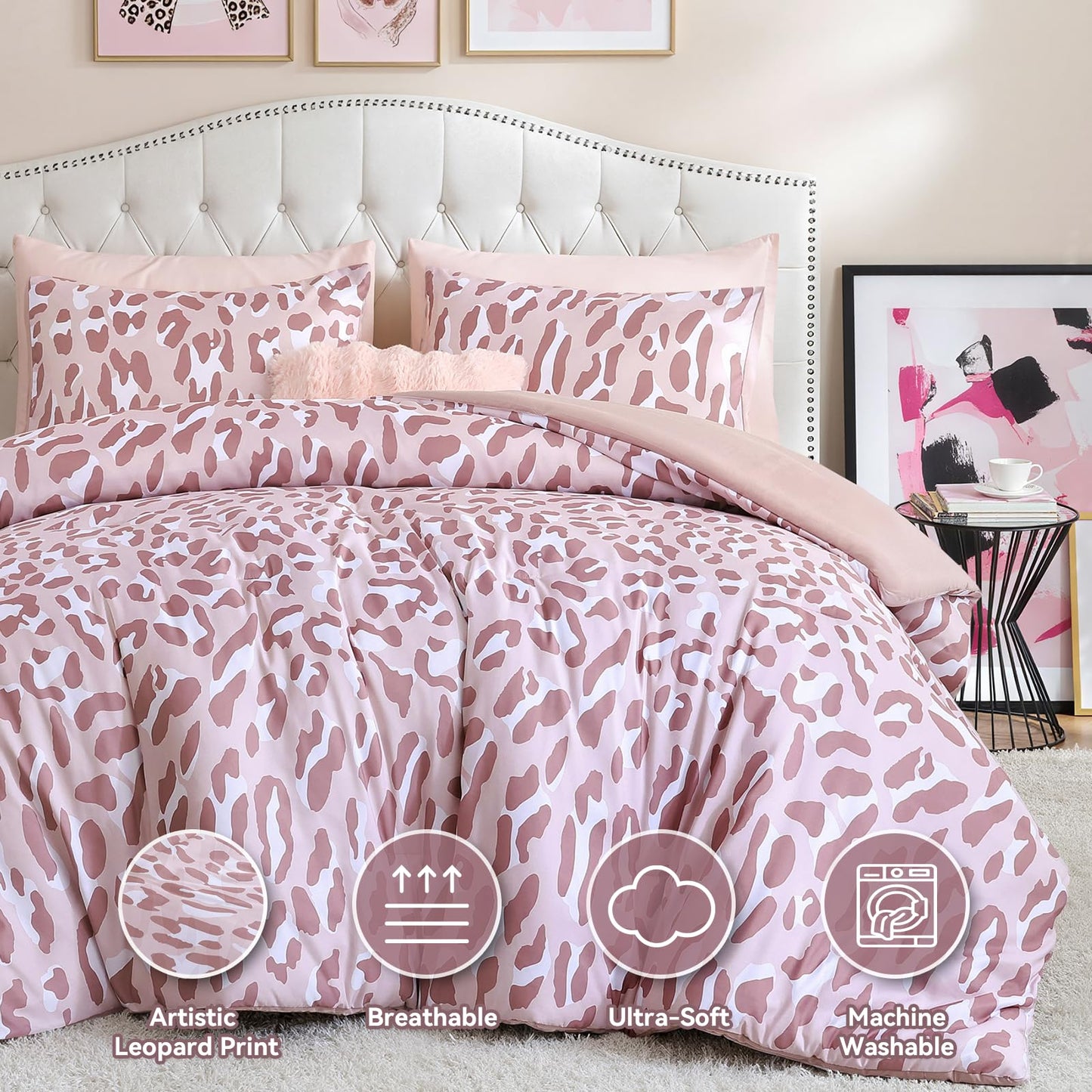 JANZAA Leopard Print Comforter Set King Size - 3 Pieces Animal Cheetah Printed Comforter Set, Cozy Soft Fluffy Pastel Pink/Floral Print Bedding Set with 2 Pillowcases for All Season