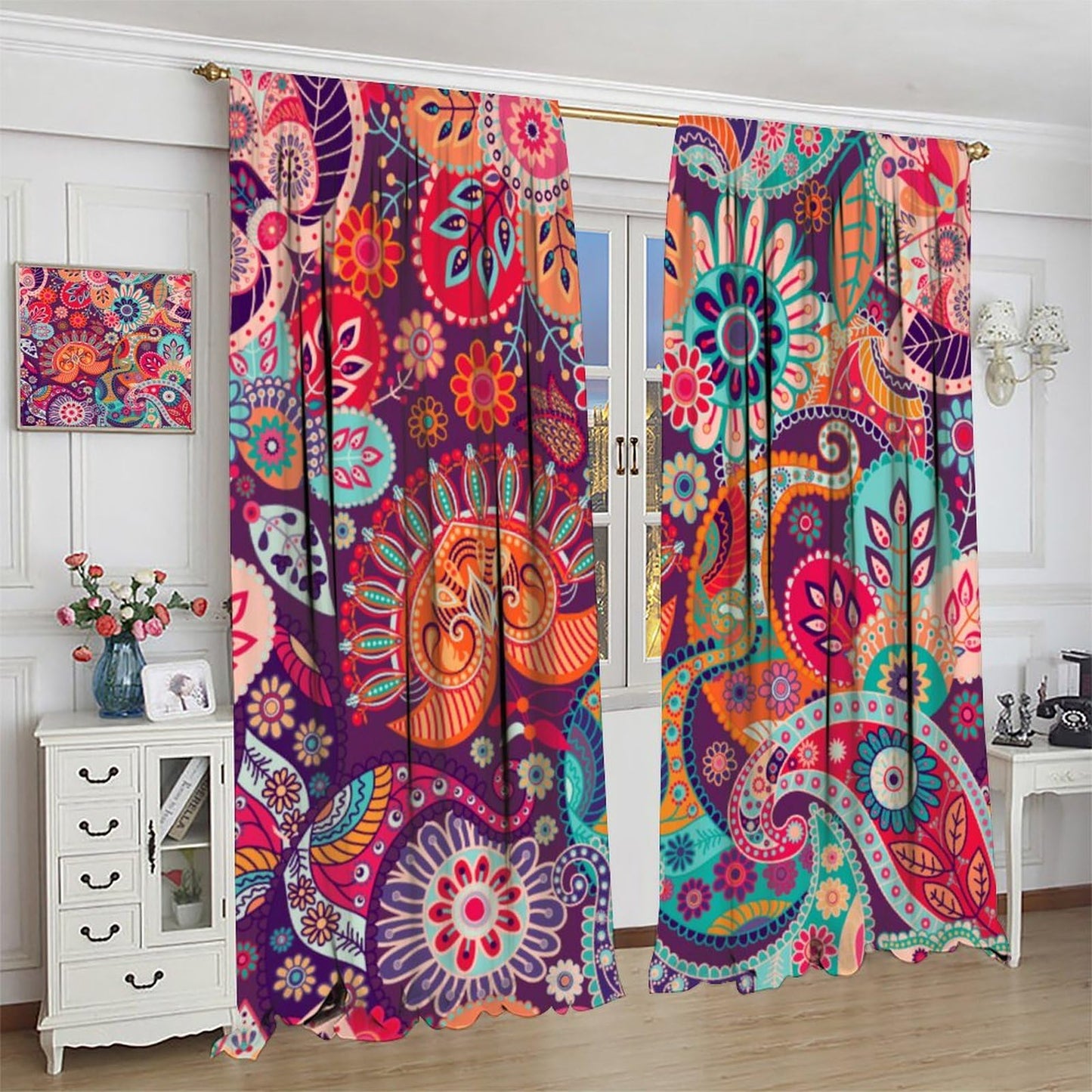 Djaby Boho Paisley Floral Curtains, Mandala Indian Bohemian Colorful Flowers Print Window Curtain for Bedroom Living Room Home 42" W X 45" L(No Blackout)
