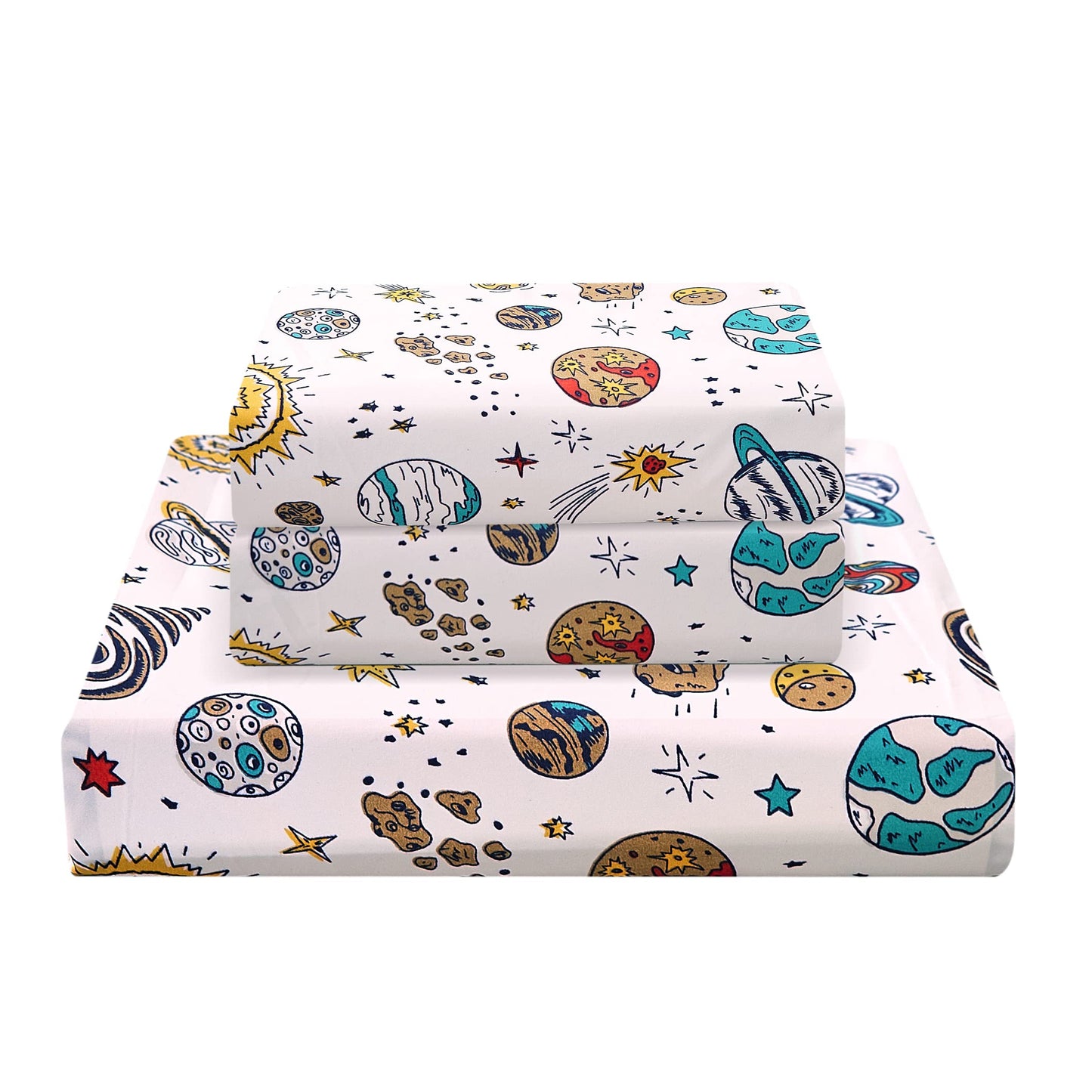 JSD Universe Planets Kids Sheet Set Twin Size, 3 Piece Space Theme Microfiber Sheets Deep Pocket