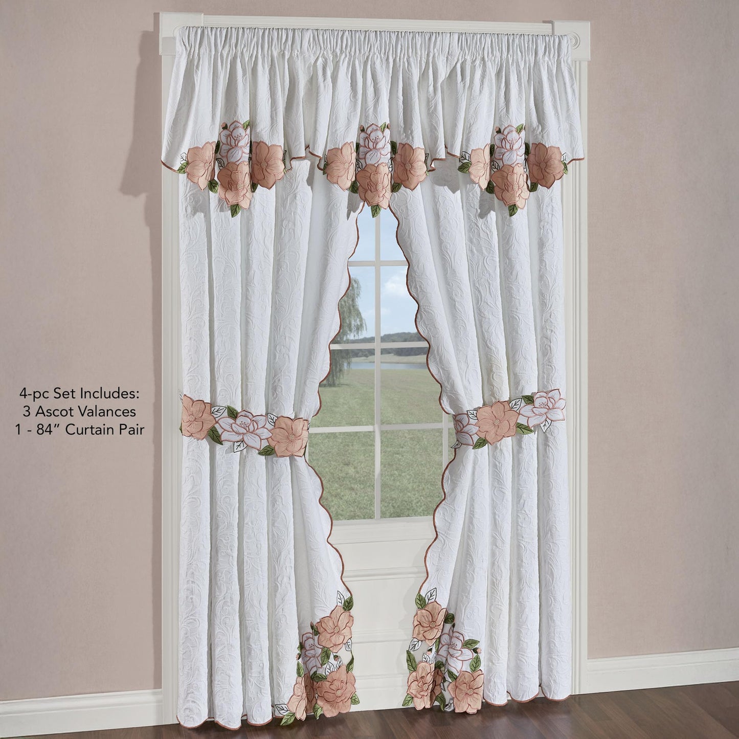 Lovington Floral Luxury Matelasse Window 3 Ascot Valances & Curtains Set