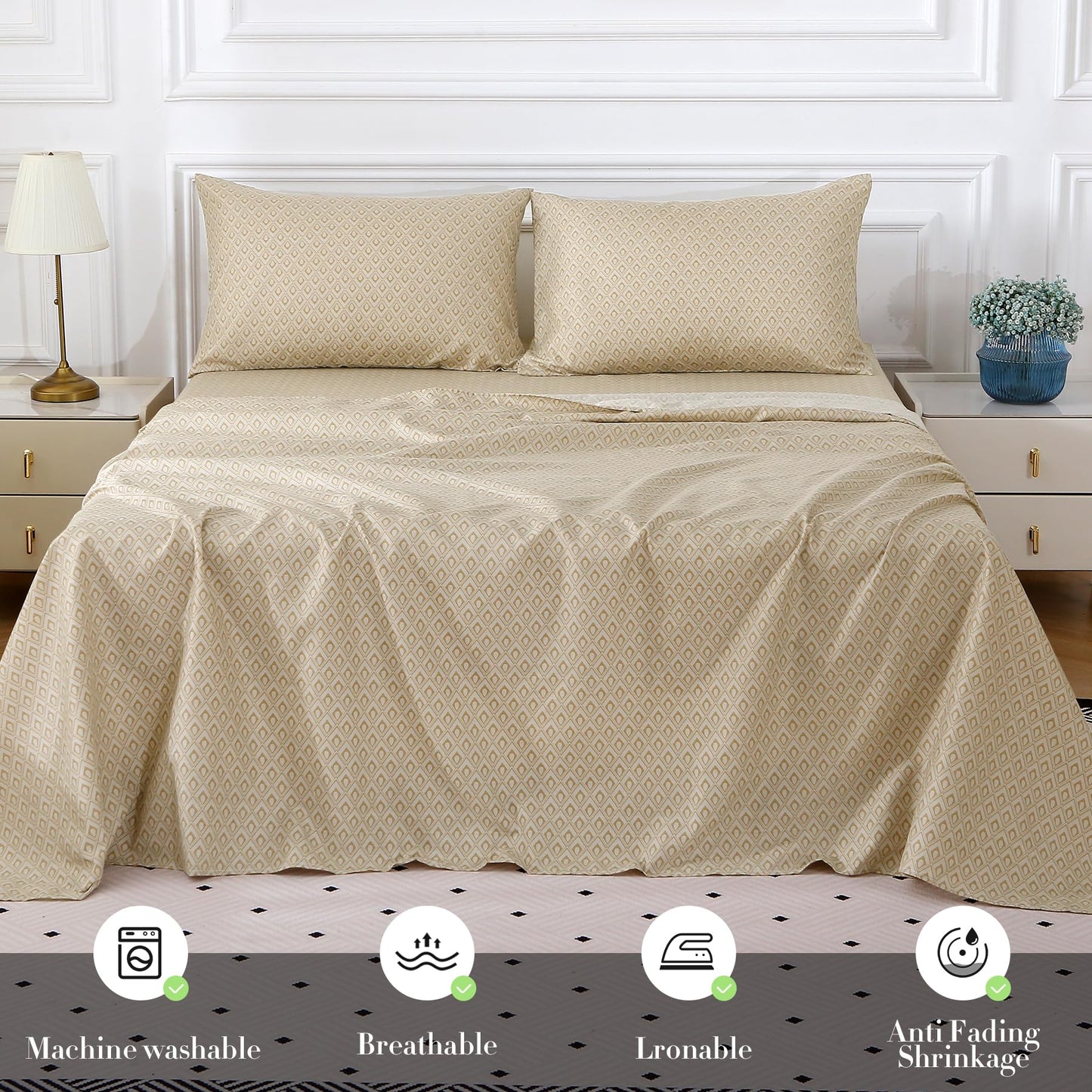 Skin-Friendly Cotton Sheet set, 4-Piece, Comfortable and Luxurious Full Size Sheet set with 18-Inch Deep Pockets, Includes One Flat Sheet, One Fitted sheet, Two Pillowcases (Checkered Khaki, Full)