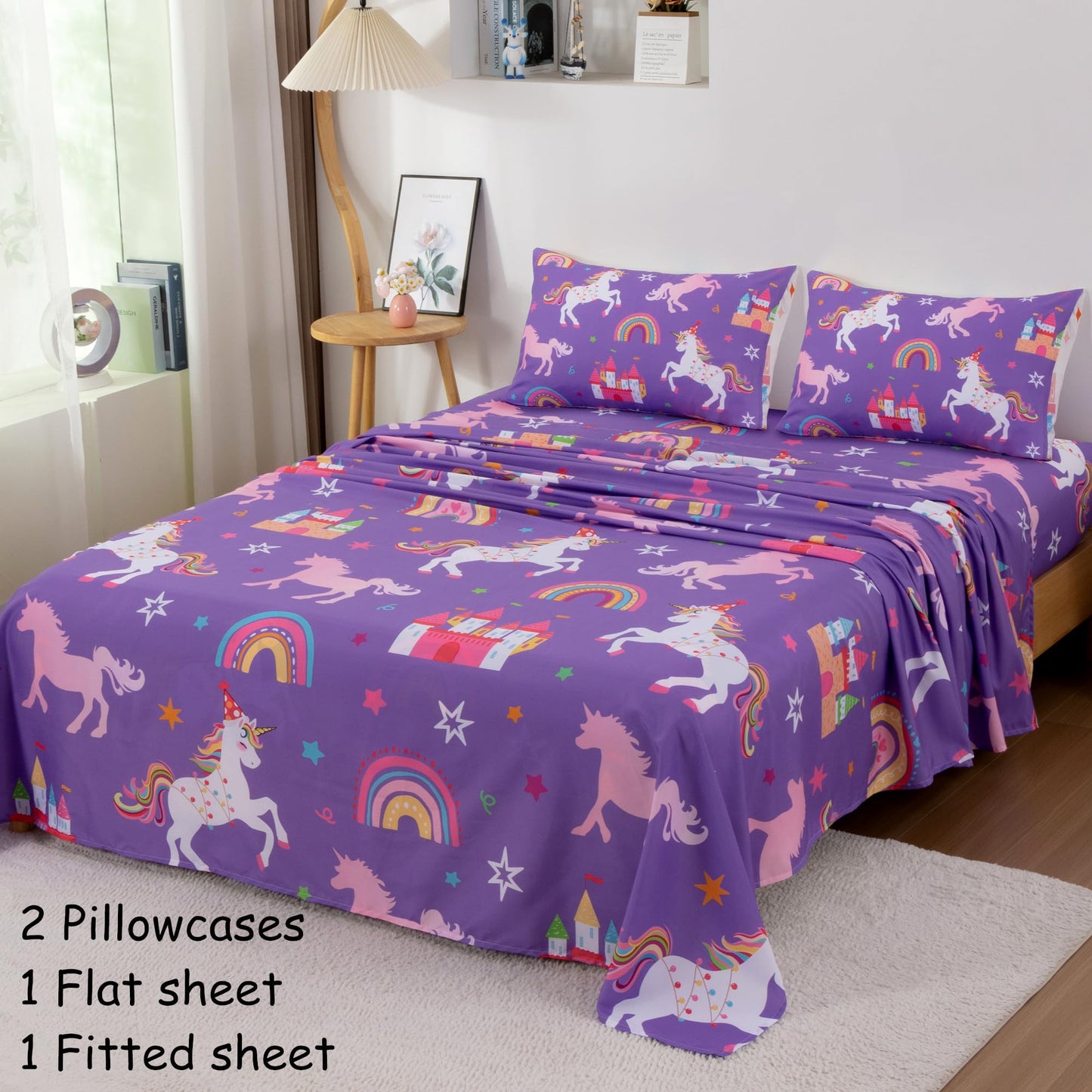 URLINENS Girls Sheets Full Size 4 Piece, Rainbow Star Castle Unicorn Sheet Set for Kids Teens, Fun Purple Bed Sheets Soft Microfiber Girls Bedding Sheet-1 Fitted Sheet 1 Flat Sheet 2 Pillowcases