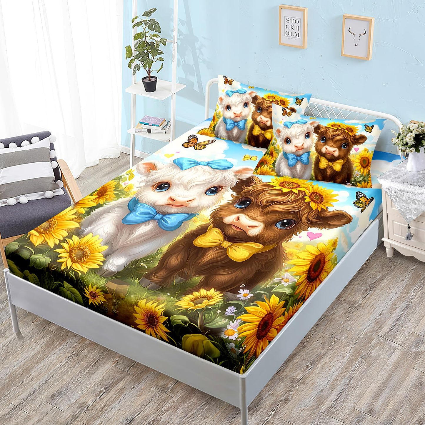 HOSIMA Highland Cow Fitted Sheet Full for Kids,Cute Cows in Sunflowers Field,Butterfly Pattern Animal Themed Kawaii Bedding for Boys Girls Room Decor,1 Fitted Sheet+2 Pillowcases.