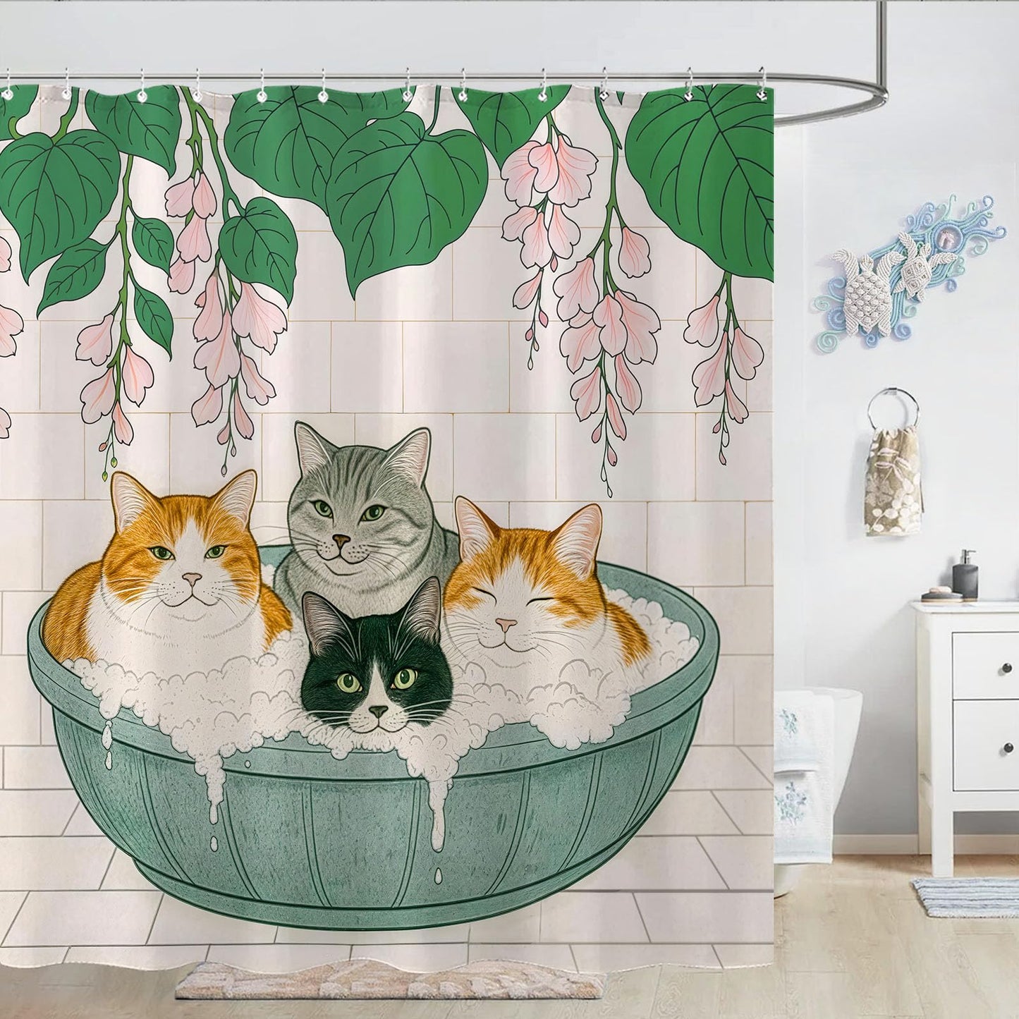 Kanuyee Adorable Cats Shower Curtain Set Cozy Plant Pot Design Waterproof Bathroom Shower Curtain Cute Feline Group Print Charming Home Decor 72x72 Inch